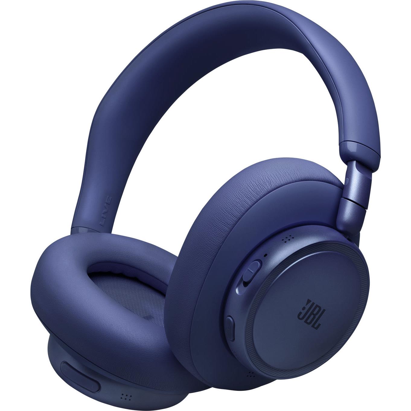 Blue over-ear active noise-cancelling headphones with JBL logo on earcup