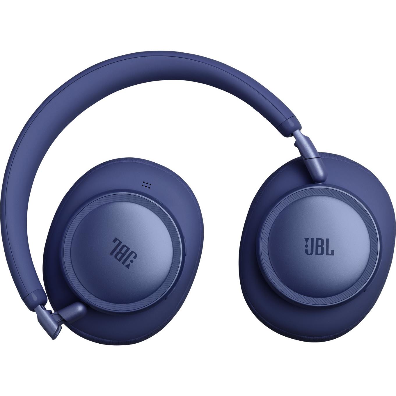 Blue over-ear headphones shown from front with dual earcups and headband