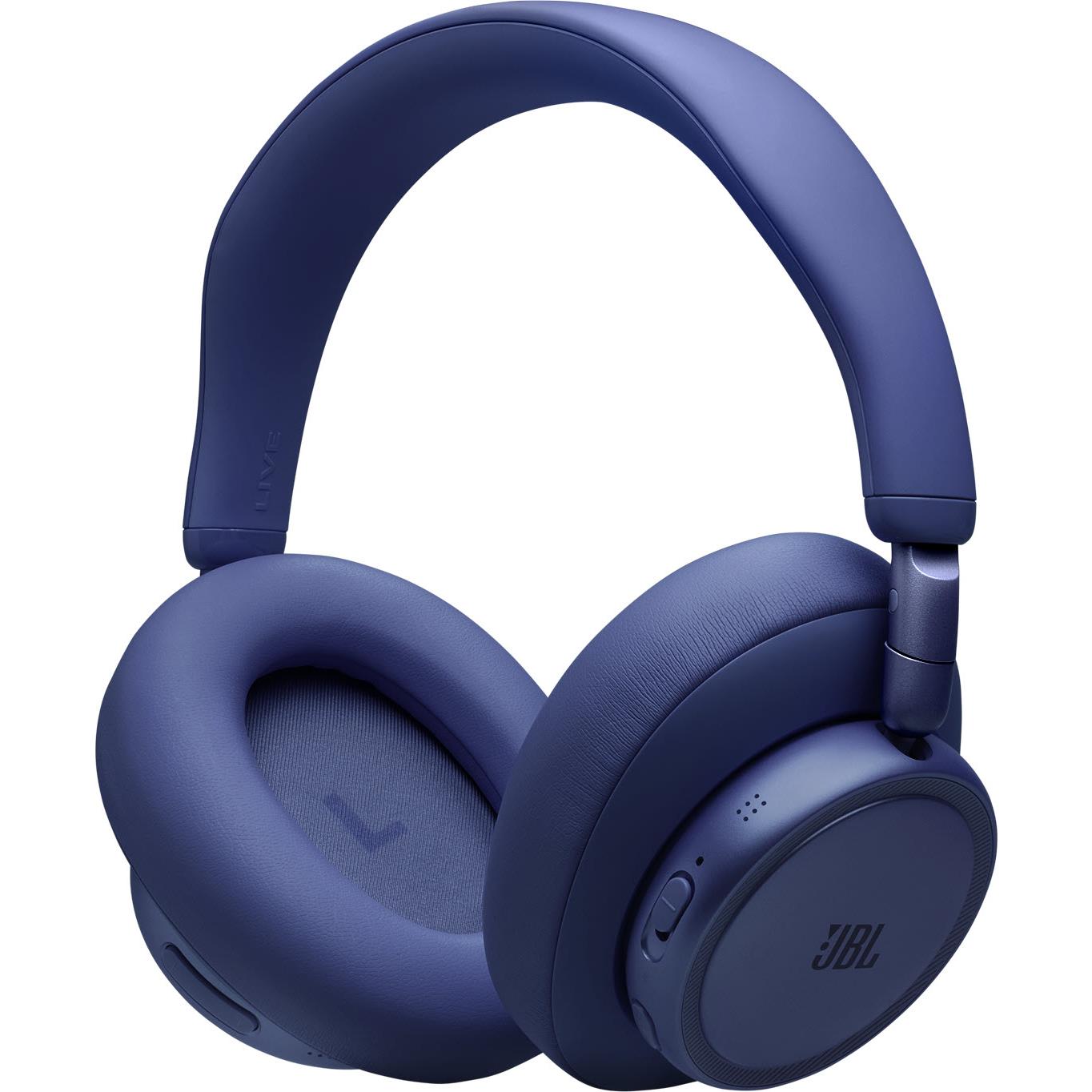 Blue over-ear headphones angled view with earcup controls visible