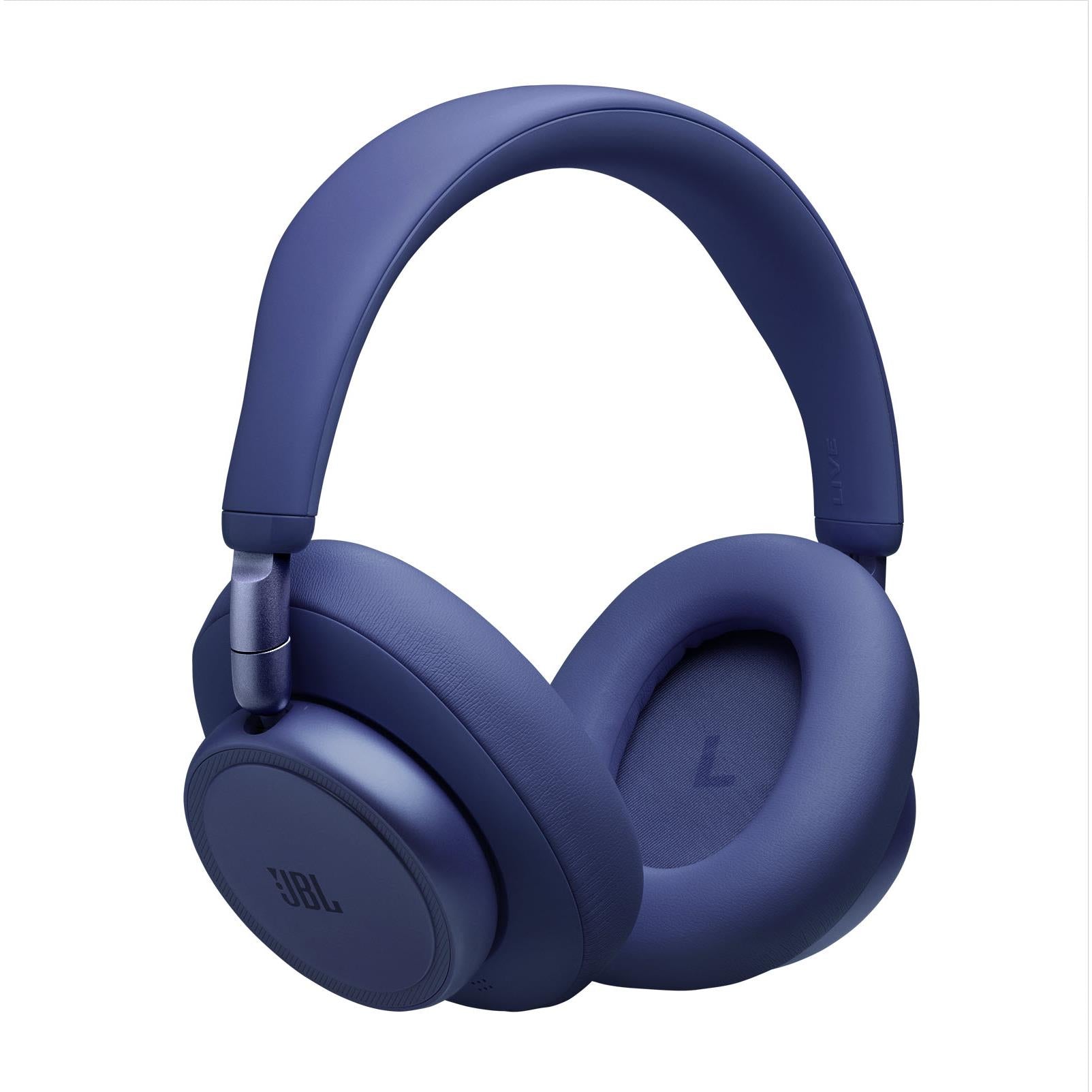 Blue over-ear headphones side view with thick padded ear cups and headband