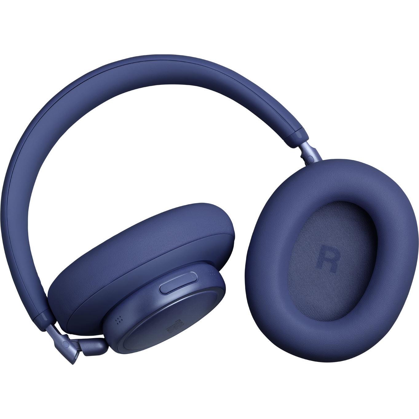 Blue over-ear headphones side view showing right earcup and control buttons
