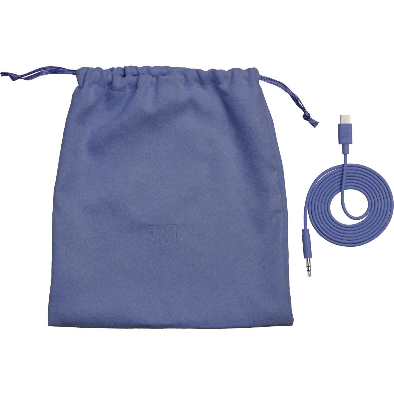 Blue drawstring pouch with coiled headphone cable and audio connectors