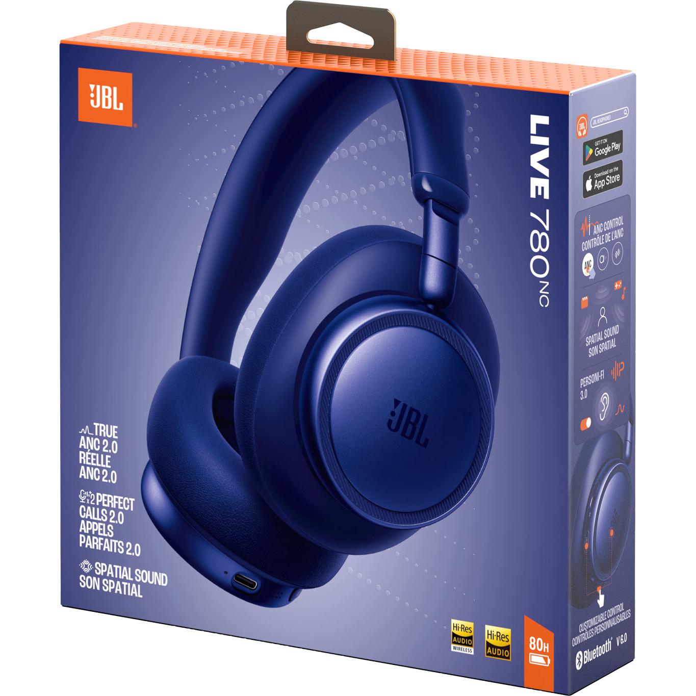 JBL Live 780NC headphone retail box featuring blue over-ear headset
