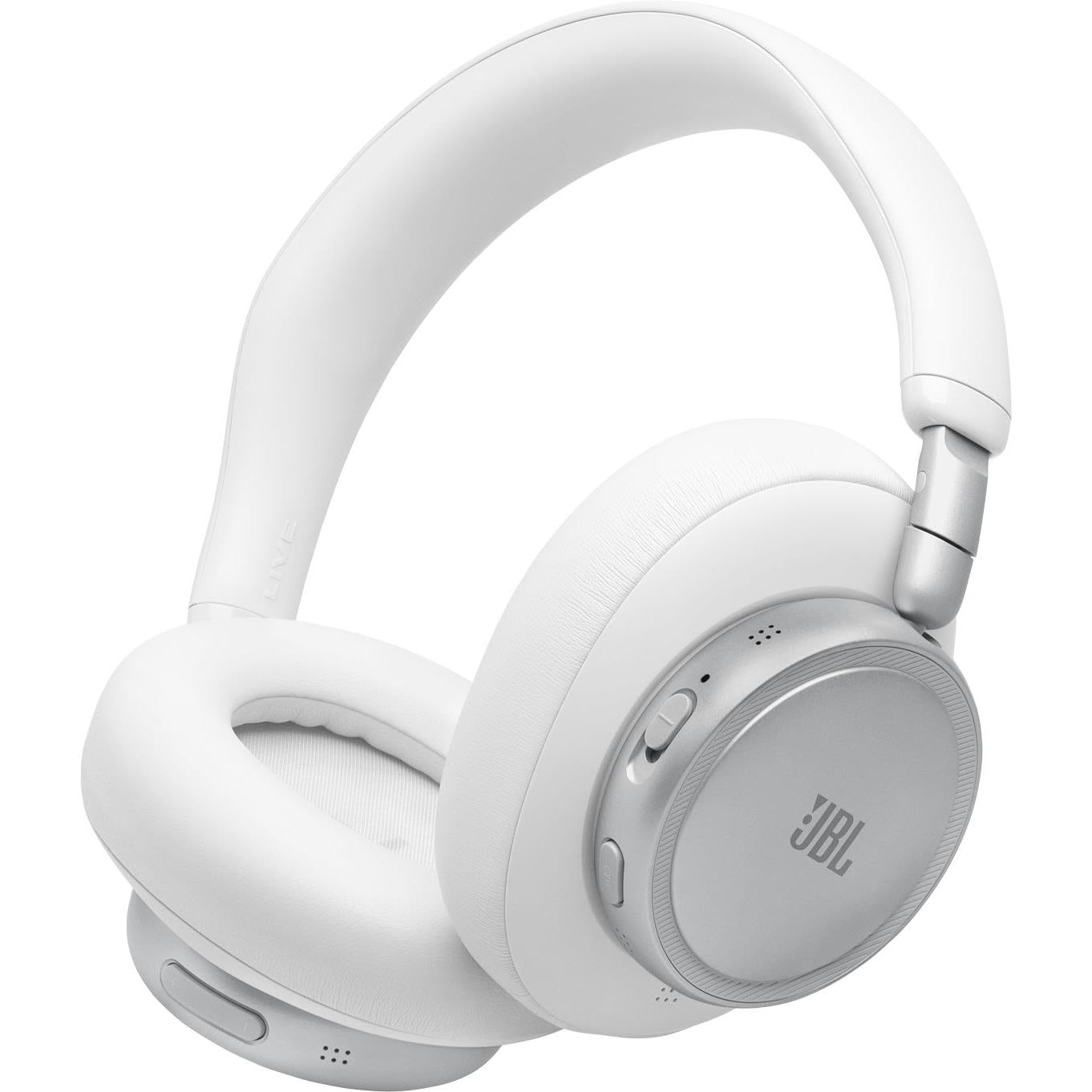 White over-ear Bluetooth noise-cancelling headphones, side view with headband