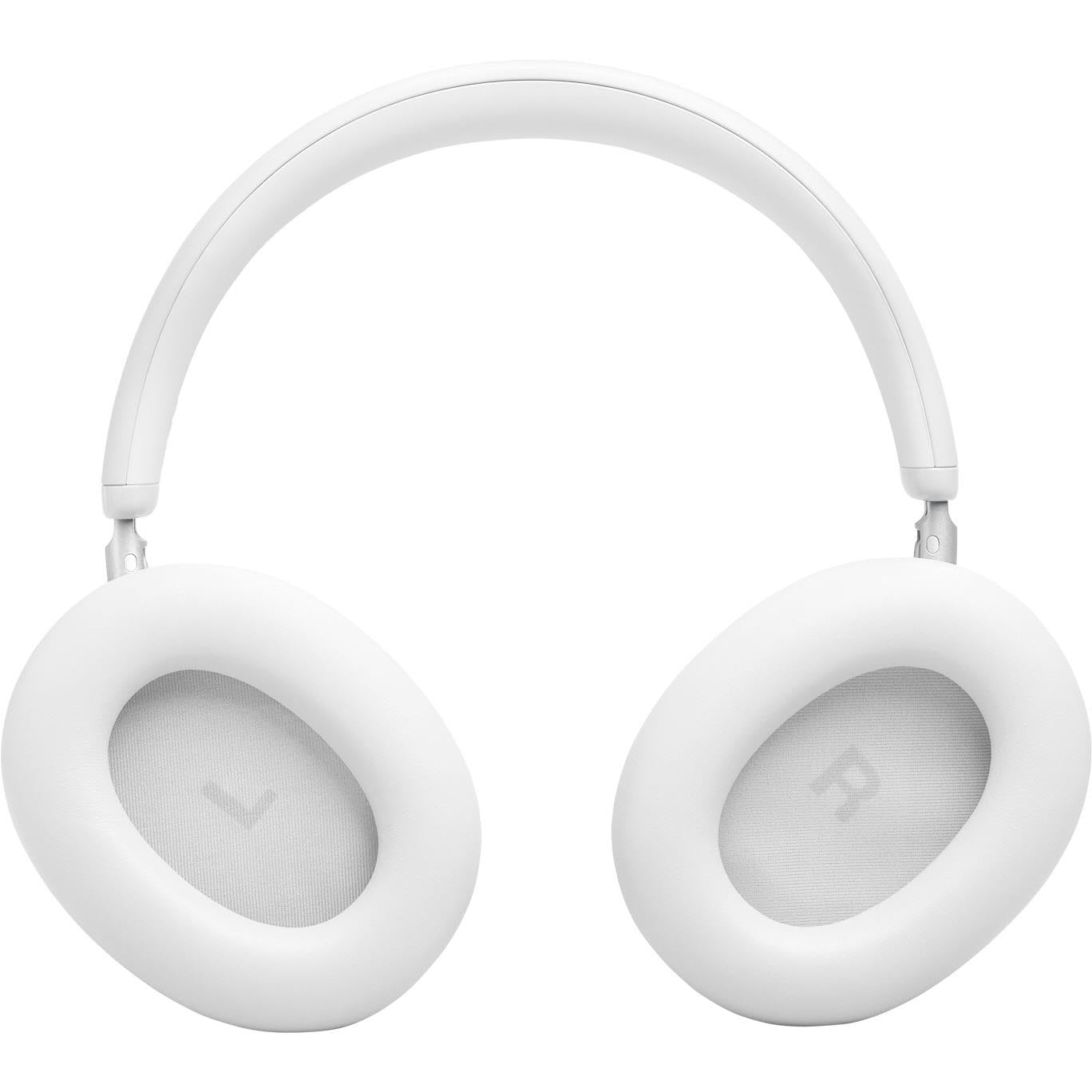 White over-ear headphones with padded ear cushions, top headband view