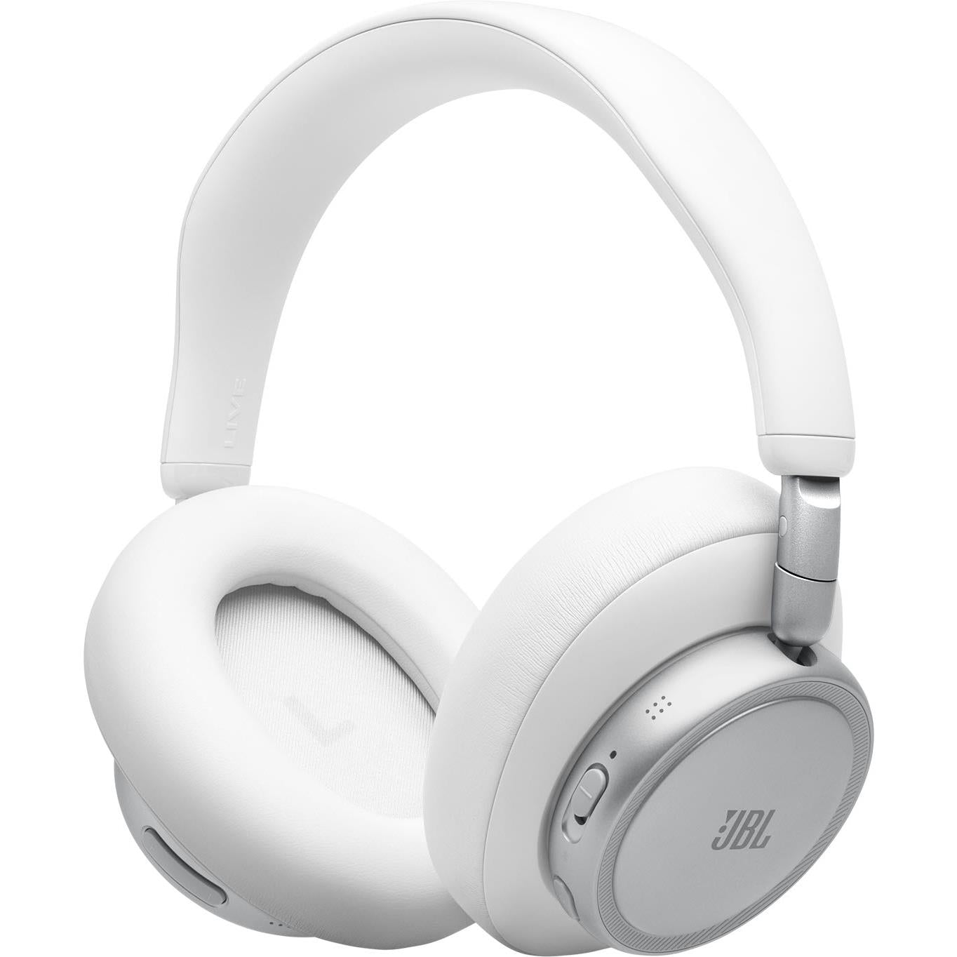 White over-ear Bluetooth headphones, angled view of earcups and headband