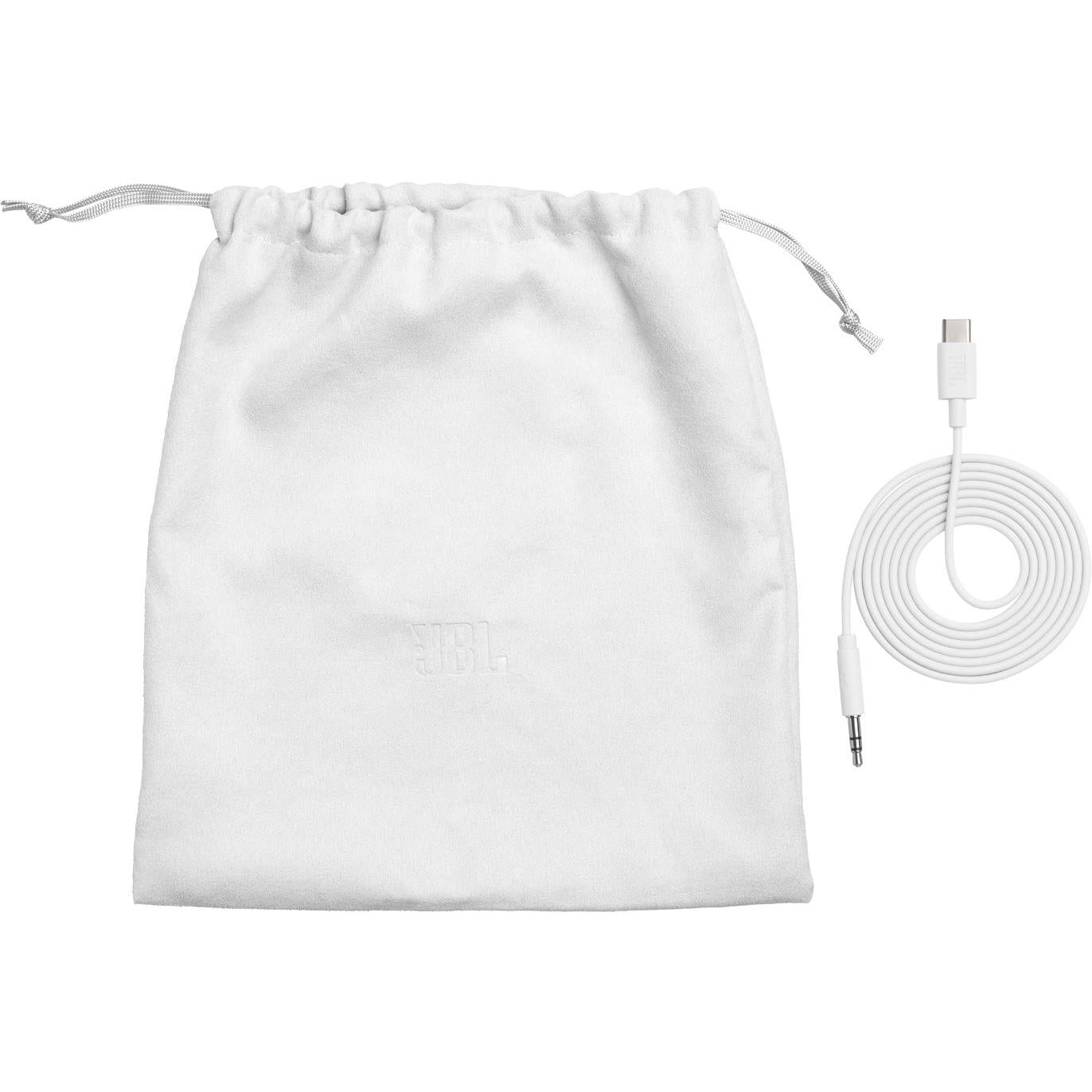 White drawstring pouch with headphone audio cable and connectors