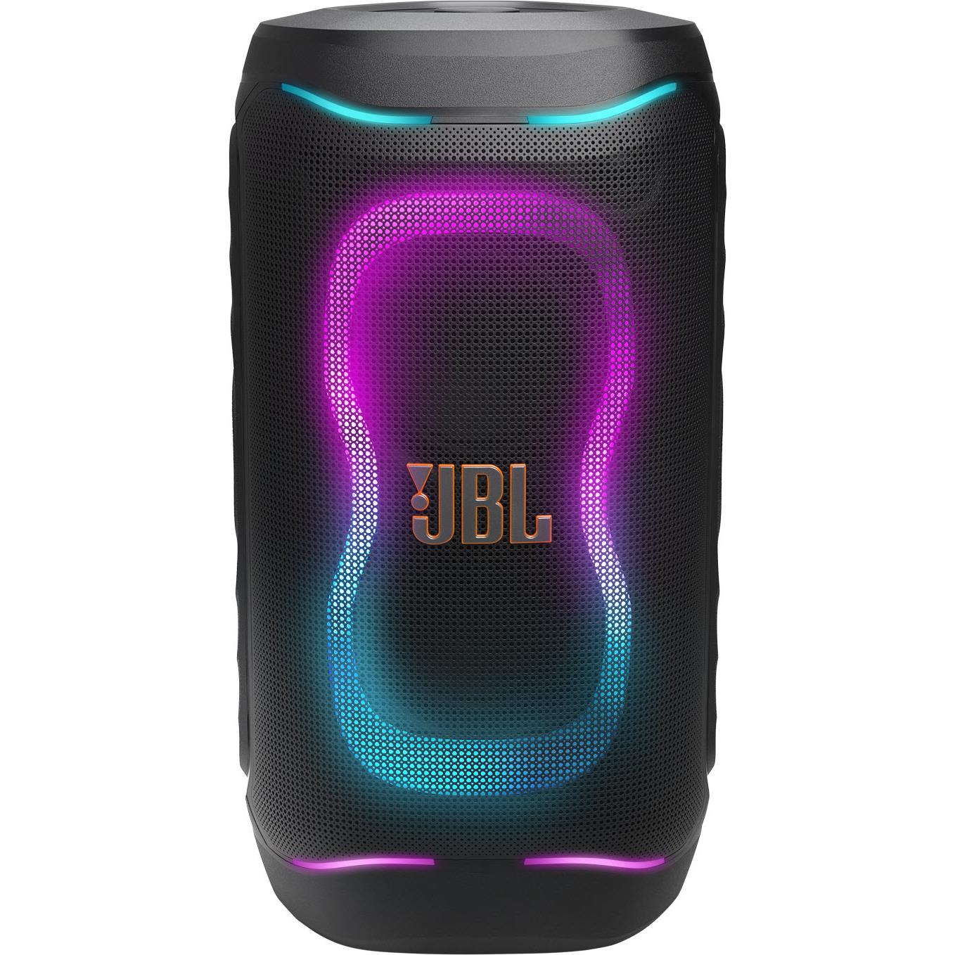 Black portable party speaker with colorful LED ring light display and JBL logo