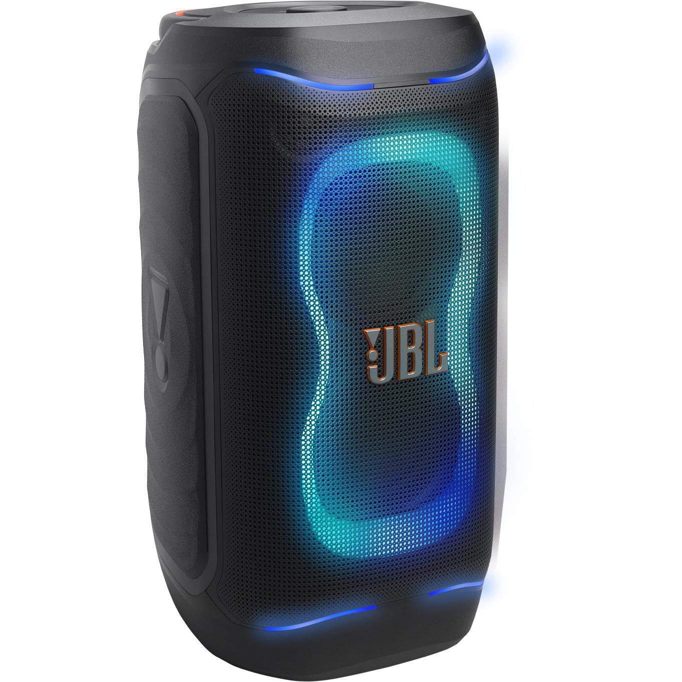 Black portable party speaker side view with blue LED light strip and JBL logo