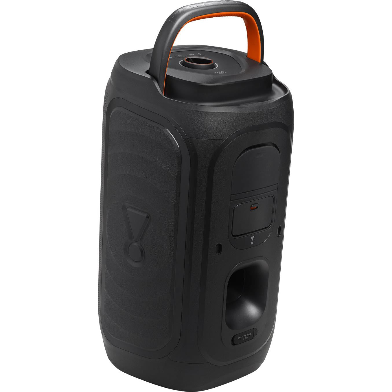 Black portable party speaker back panel with carry handle and control area