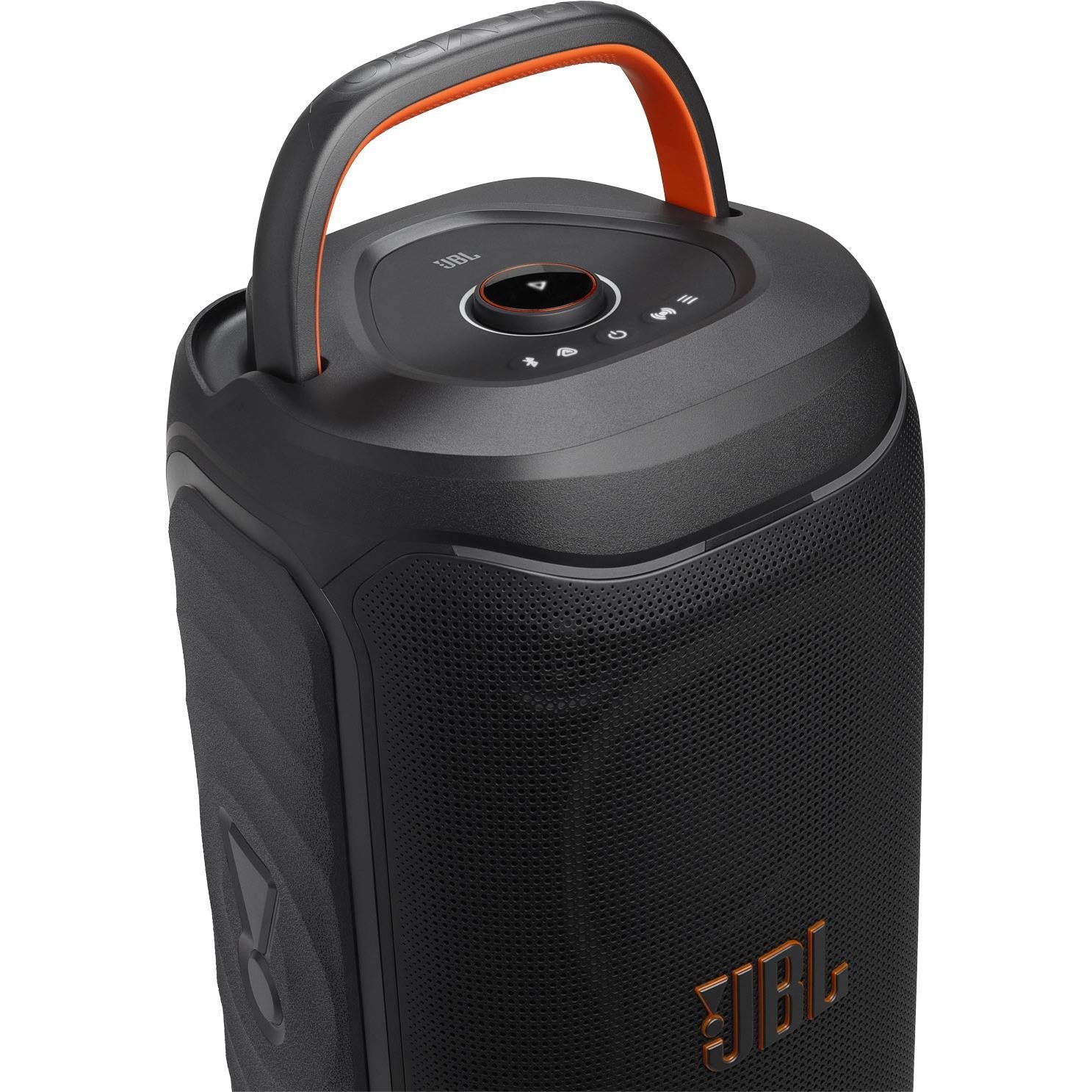 Black portable party speaker top controls with orange handle and JBL logo