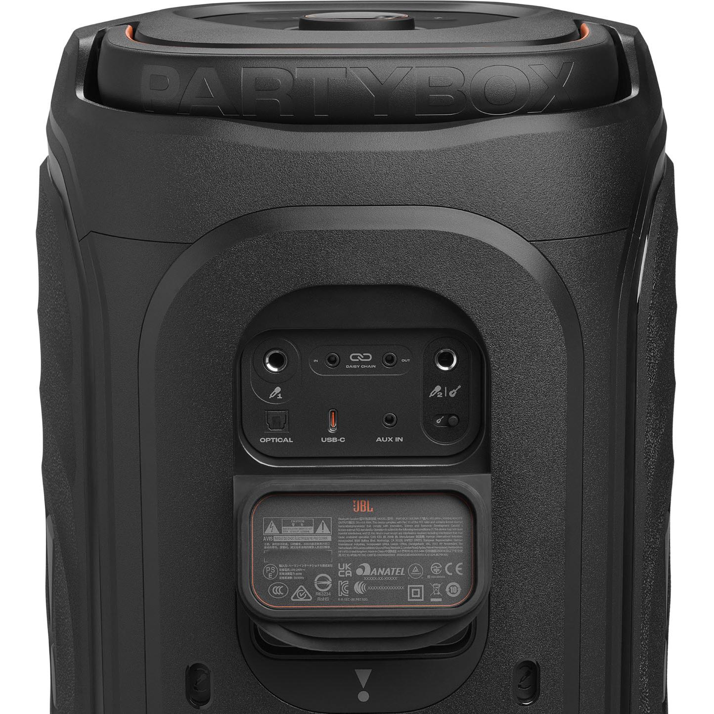 Black portable party speaker rear connectivity panel with ports and input labels
