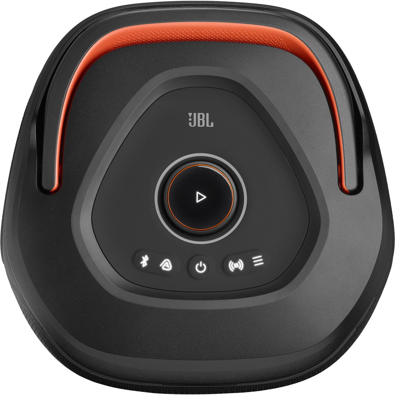Black portable party speaker top control panel with orange ring buttons