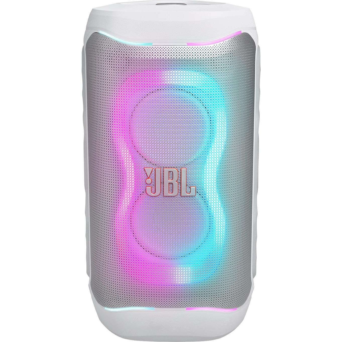 White JBL PartyBox portable party speaker with LED light rings and front grille