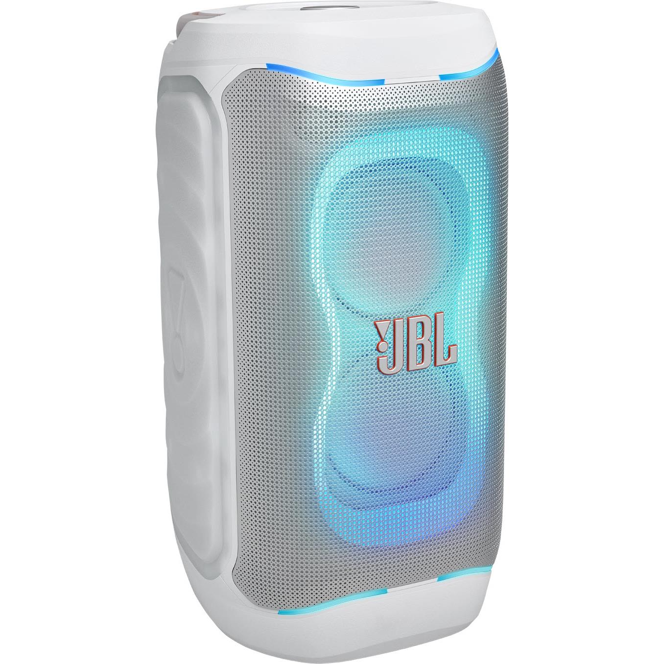White JBL PartyBox portable party speaker with side grille and blue LED light