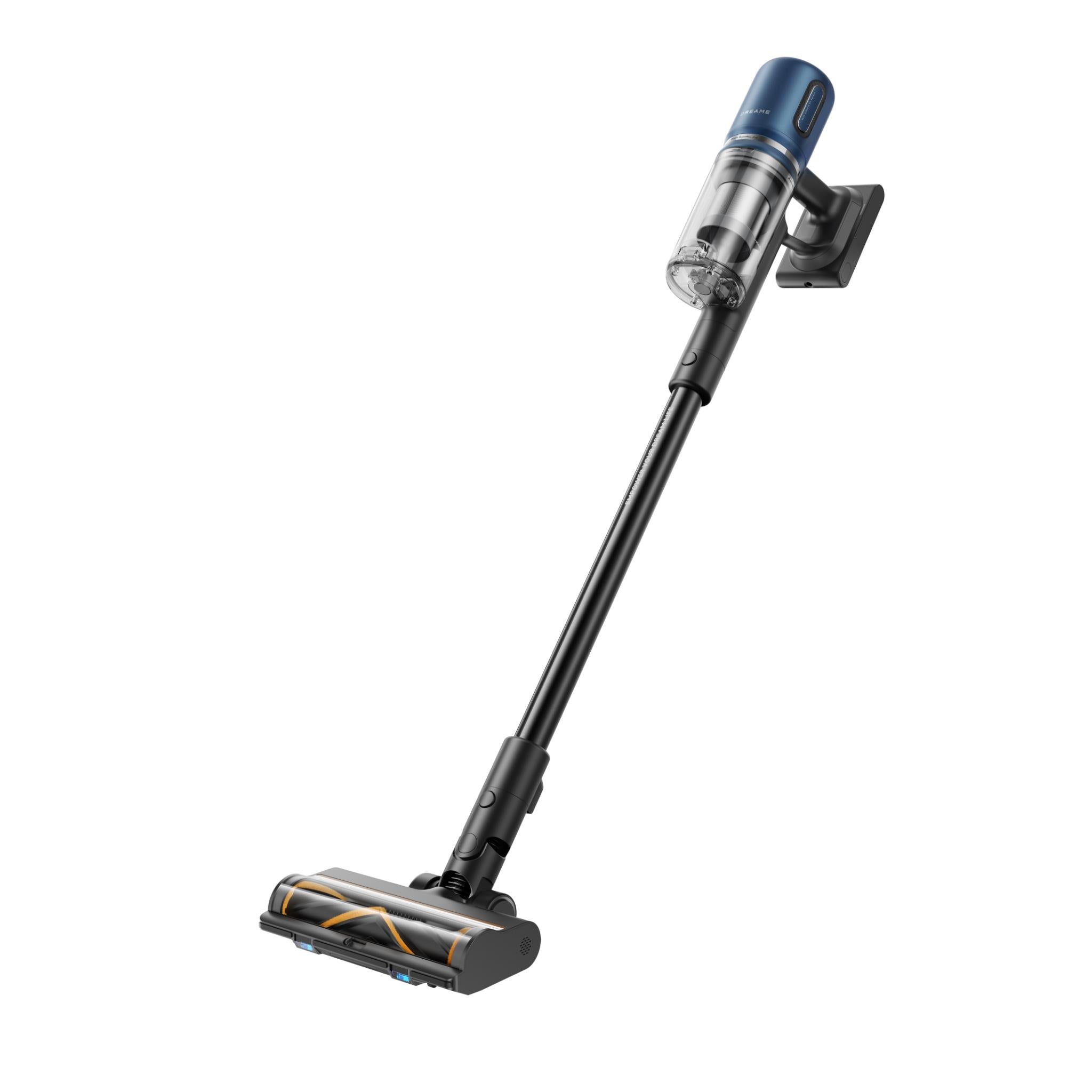 Lightweight cordless stick vacuum with wide floor nozzle, dark handle and blue top