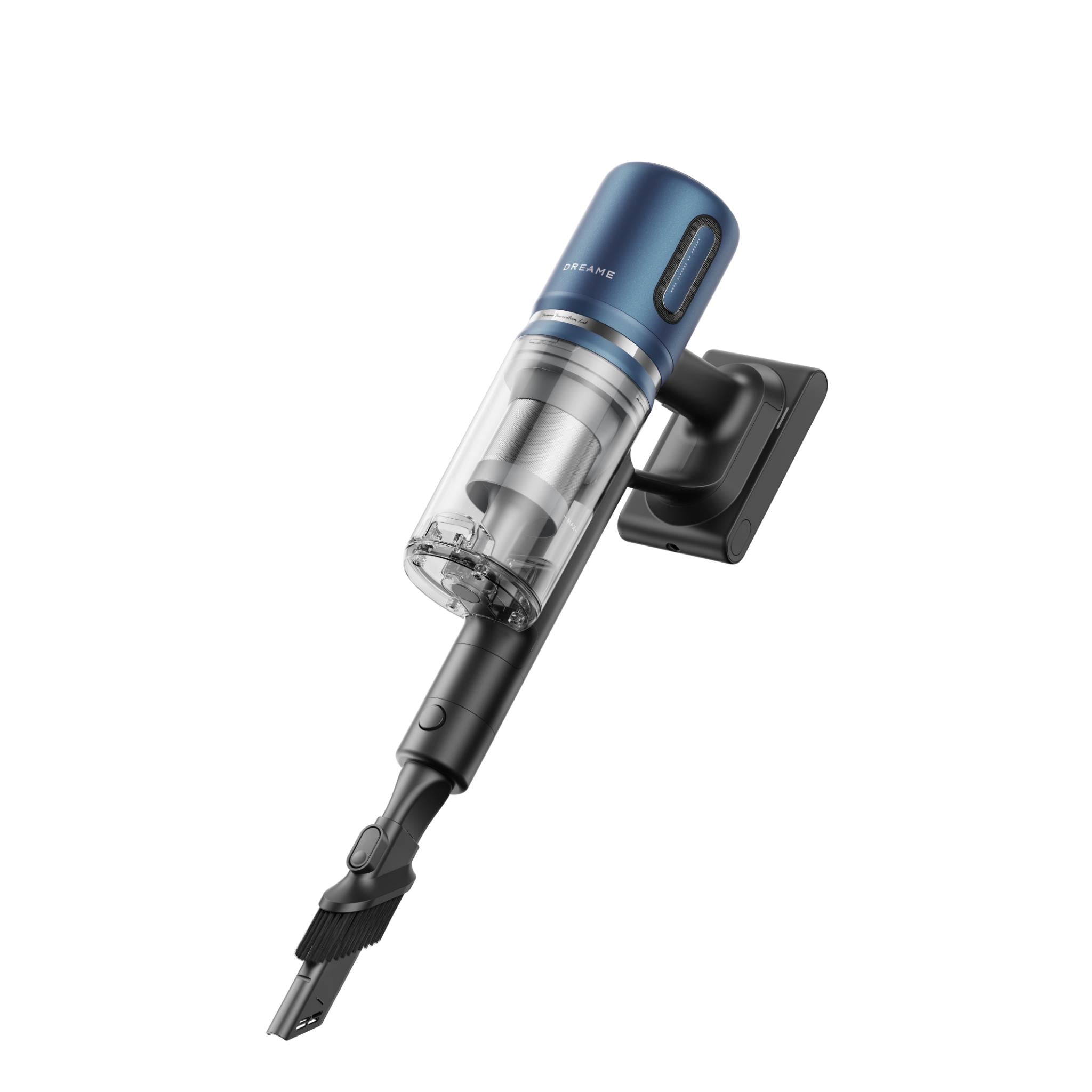 Cordless stick vacuum with transparent dust bin and blue upper body, floor tool attached