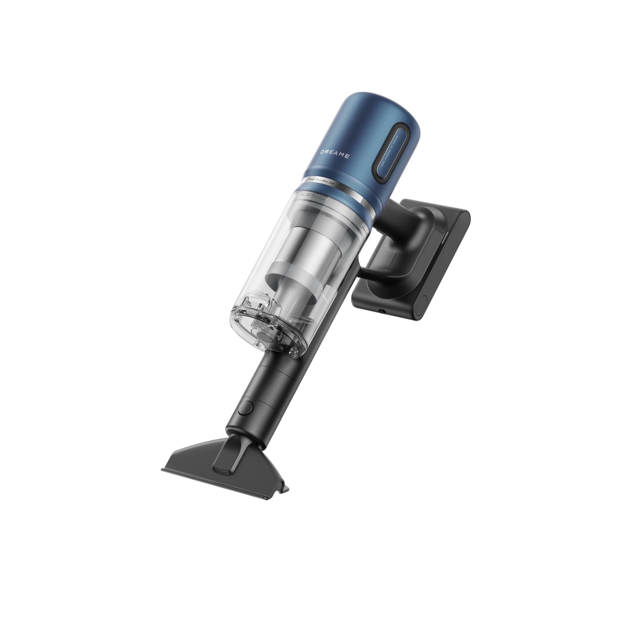 Cordless stick vacuum with flat floor head and transparent dust container, blue and black