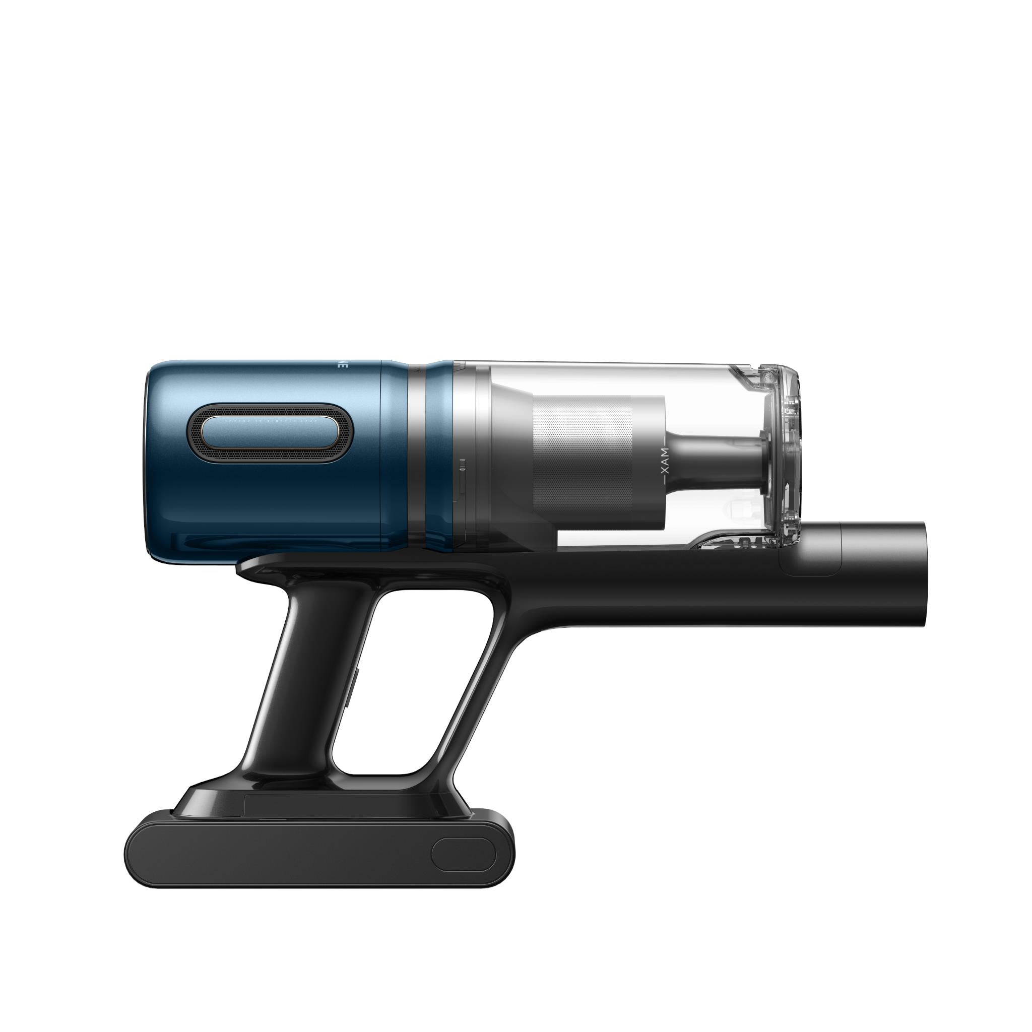 Cordless stick vacuum side view with transparent canister and blue top housing