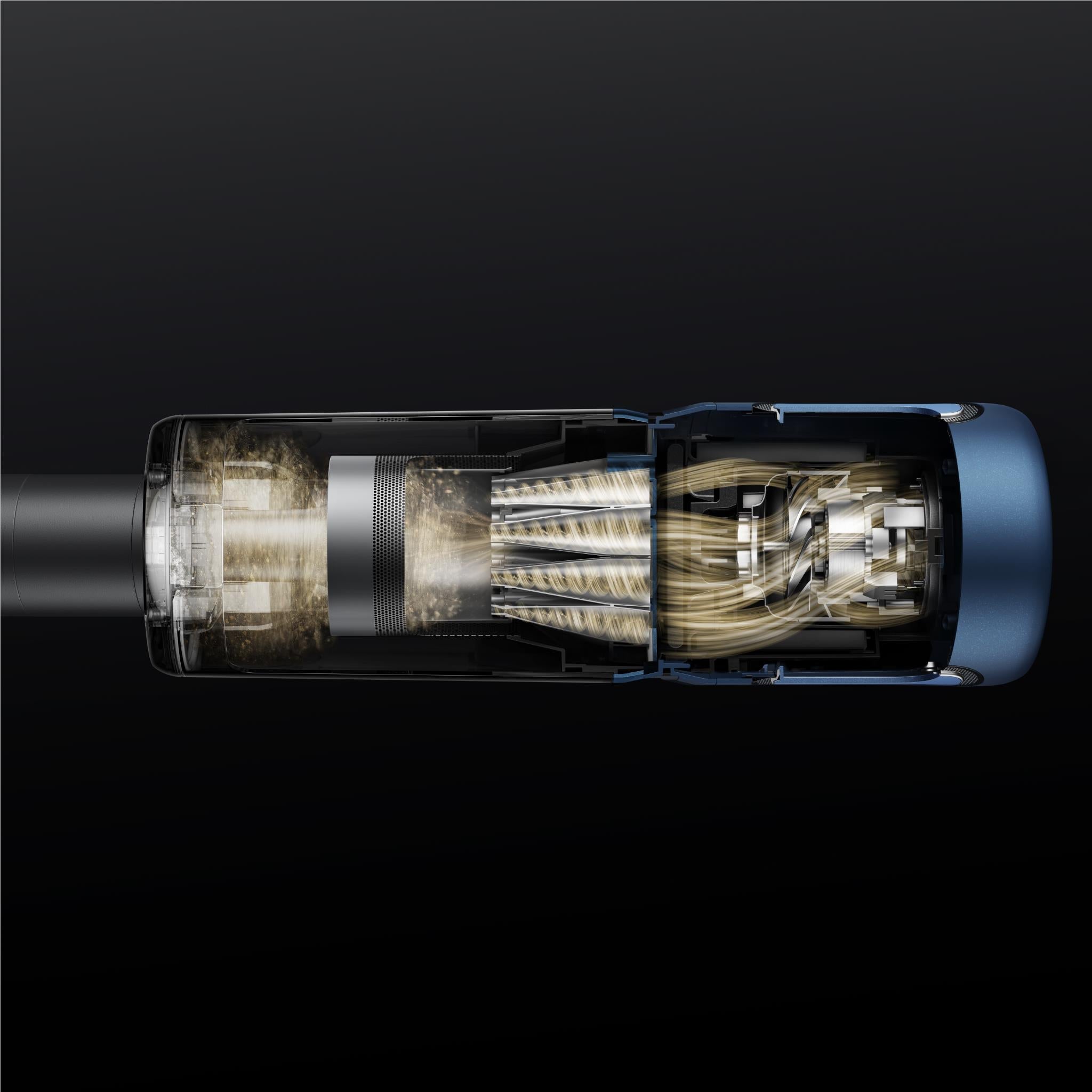 Cordless vacuum cutaway view showing internal cyclone and filter within blue canister