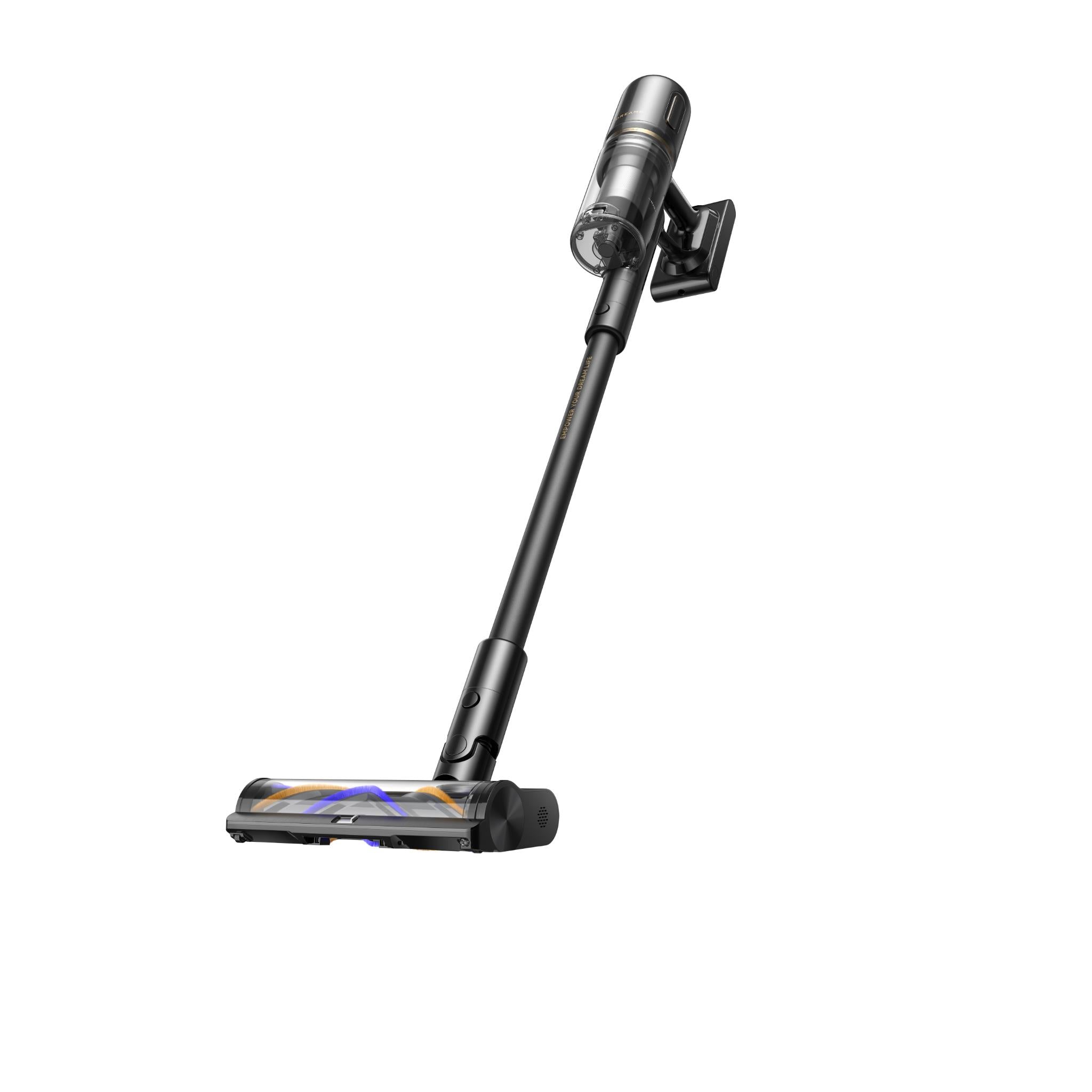 Cordless stick vacuum with floor brush and clear dust canister, dark gray and black