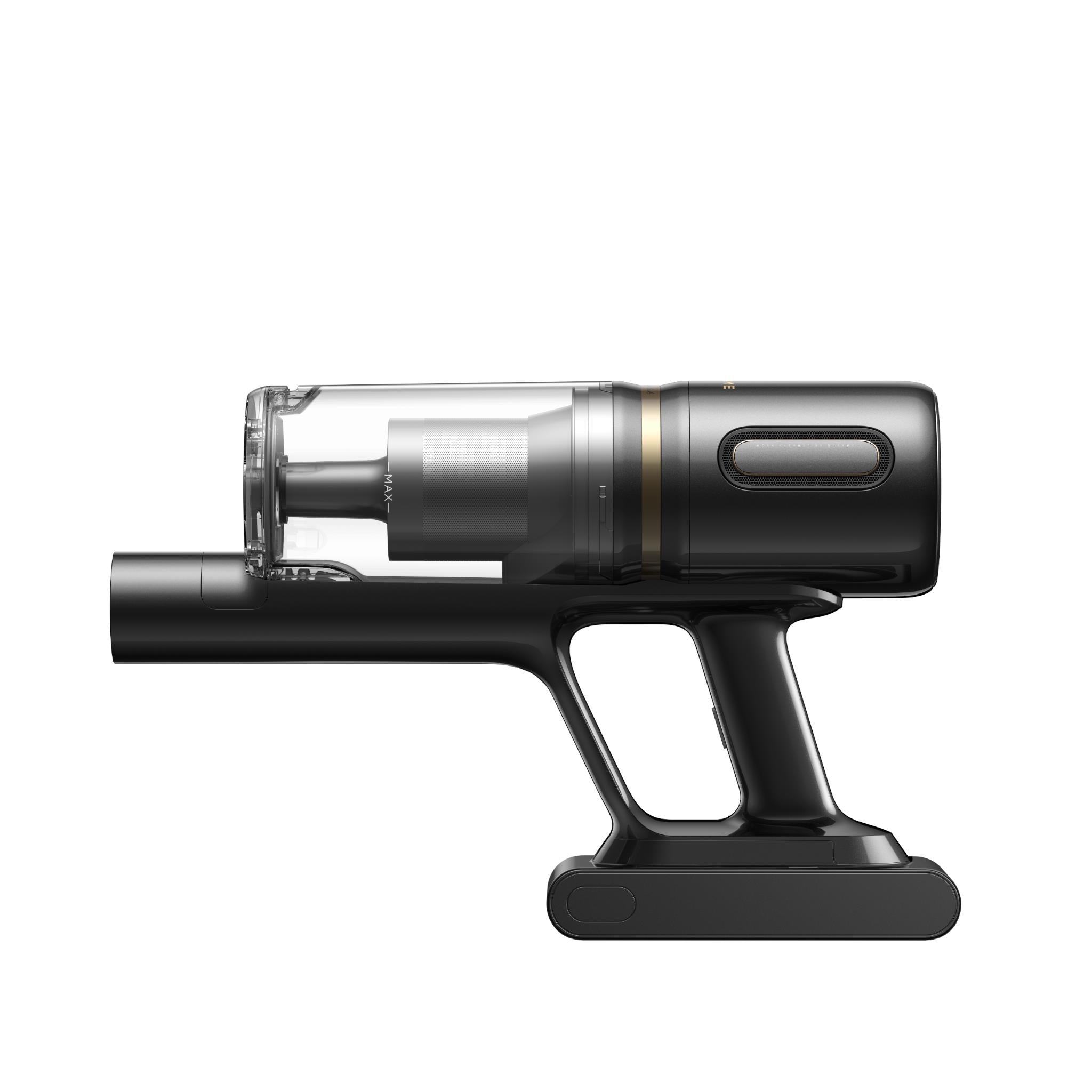 Handheld vacuum body with clear dust chamber and grip handle, black and silver
