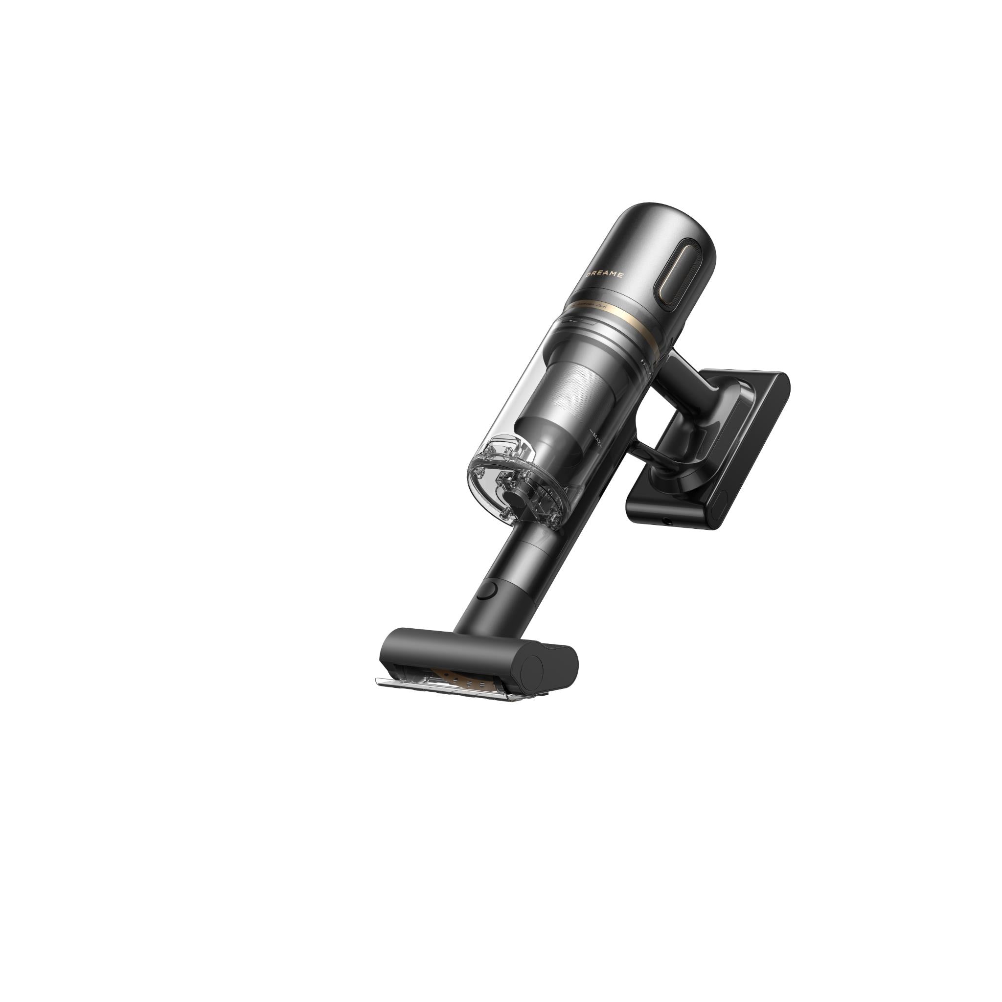 Cordless stick vacuum with slim floor head and clear dust canister, dark gray and black