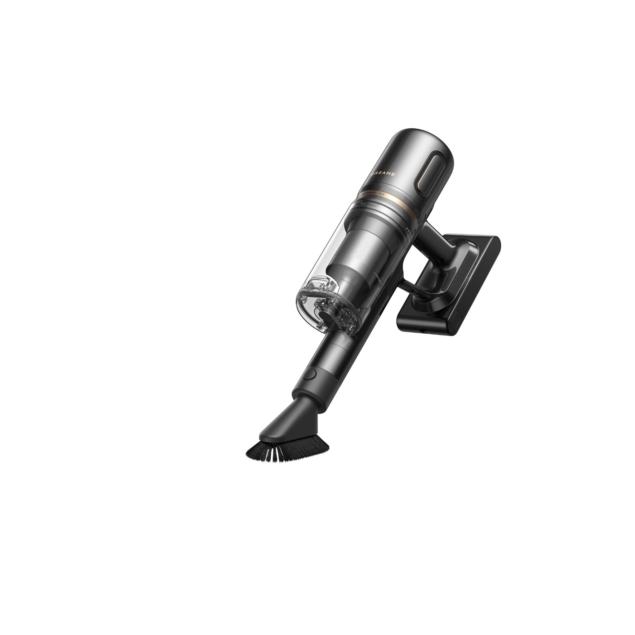 Cordless stick vacuum with narrow brush head, clear dust canister, dark gray and black