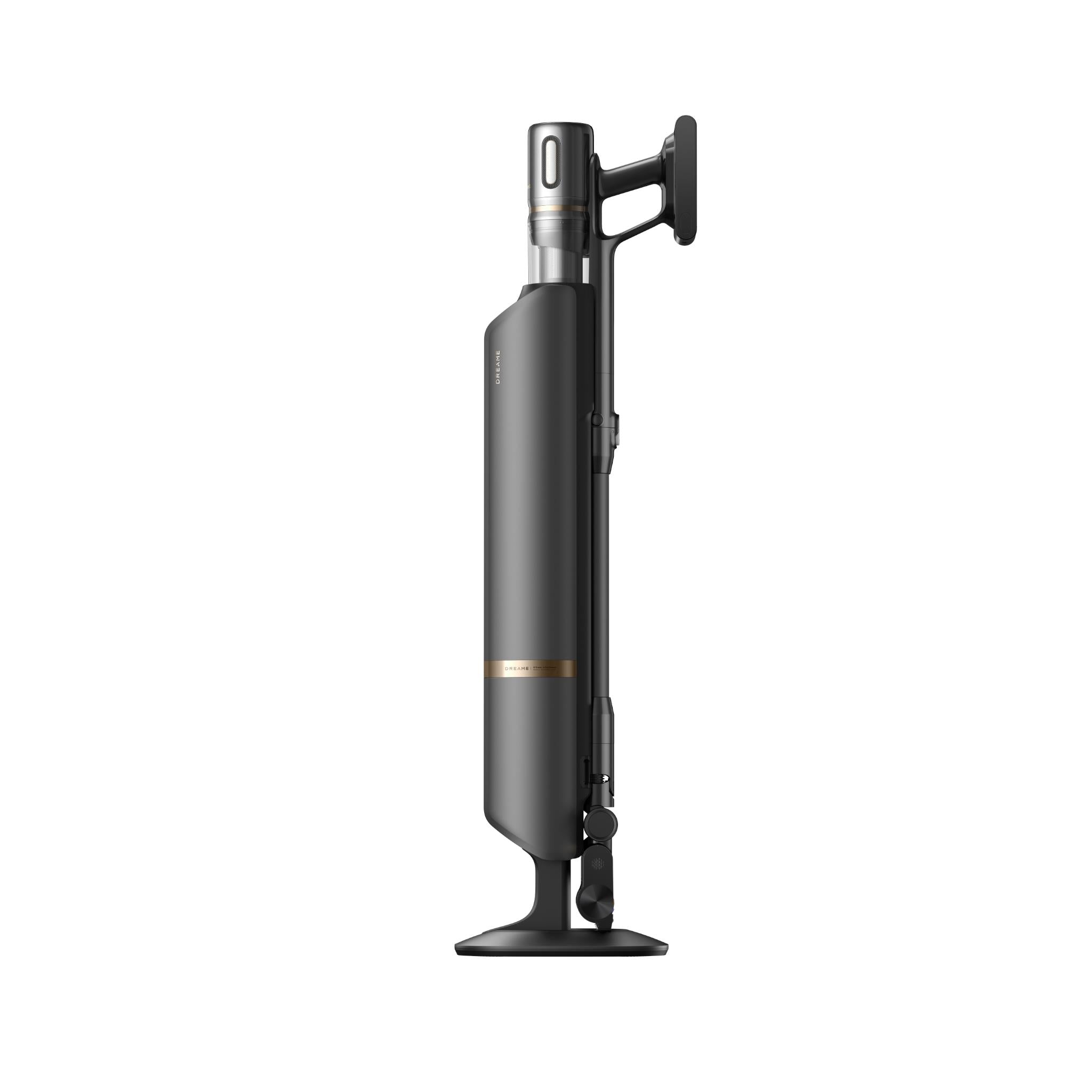 Cordless stick vacuum standing on charging dock base, side view