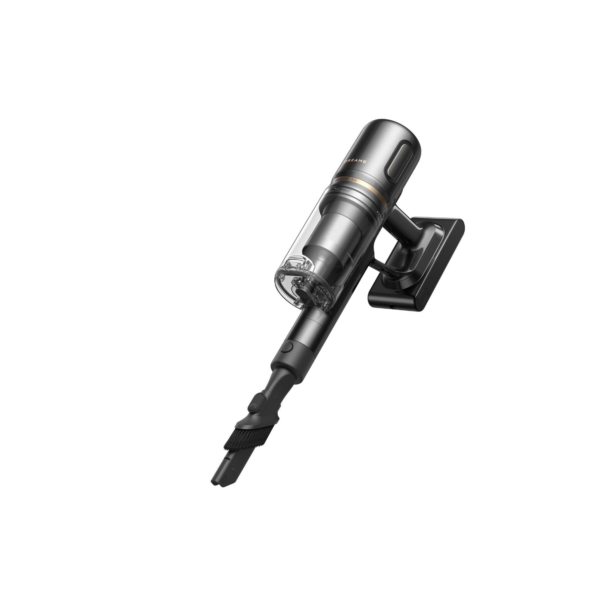Cordless stick vacuum with angled floor nozzle and extension tools attached
