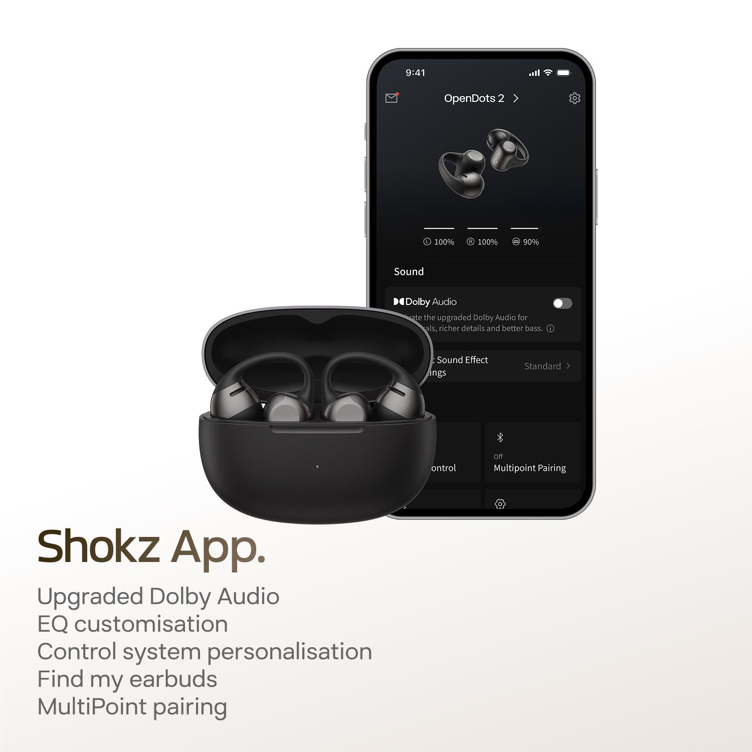 Shokz OpenDots 2 clip-on open-ear earbuds in black, image 12 - Open-Ear Headphones at Tech Supply Shed NZ