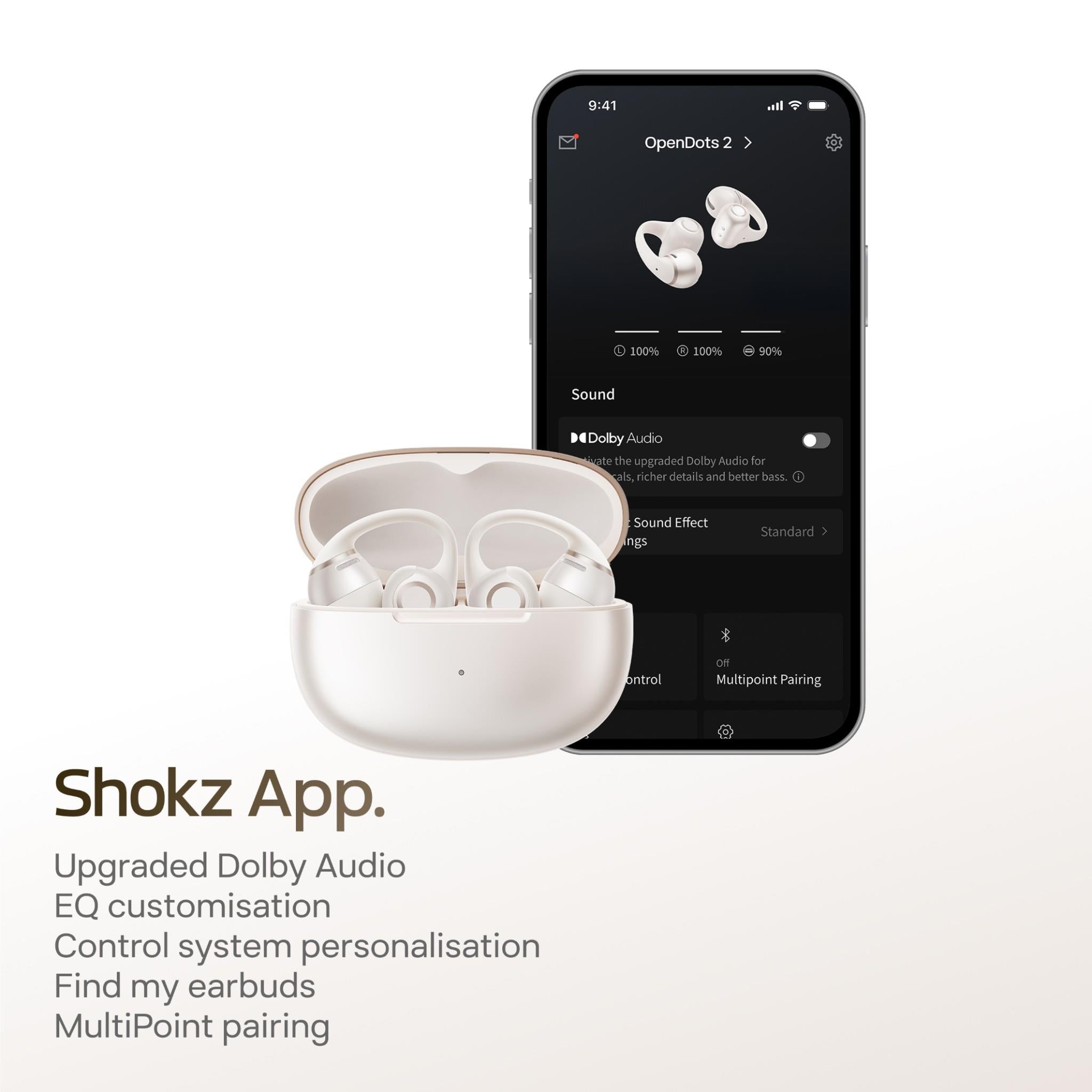 Shokz OpenDots 2 clip-on open-ear earbuds in white, image 14 - Open-Ear Headphones at Tech Supply Shed NZ