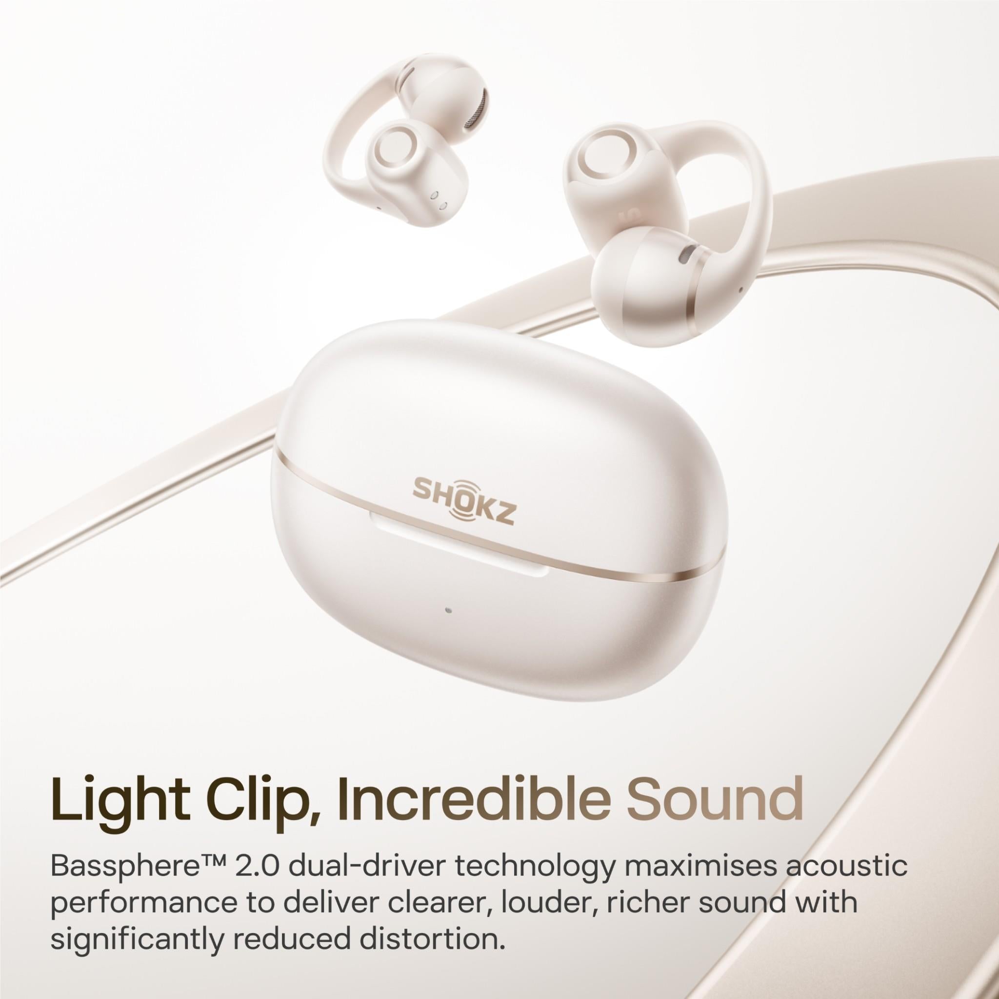 Shokz OpenDots 2 clip-on open-ear earbuds in white, image 9 - Open-Ear Headphones at Tech Supply Shed NZ