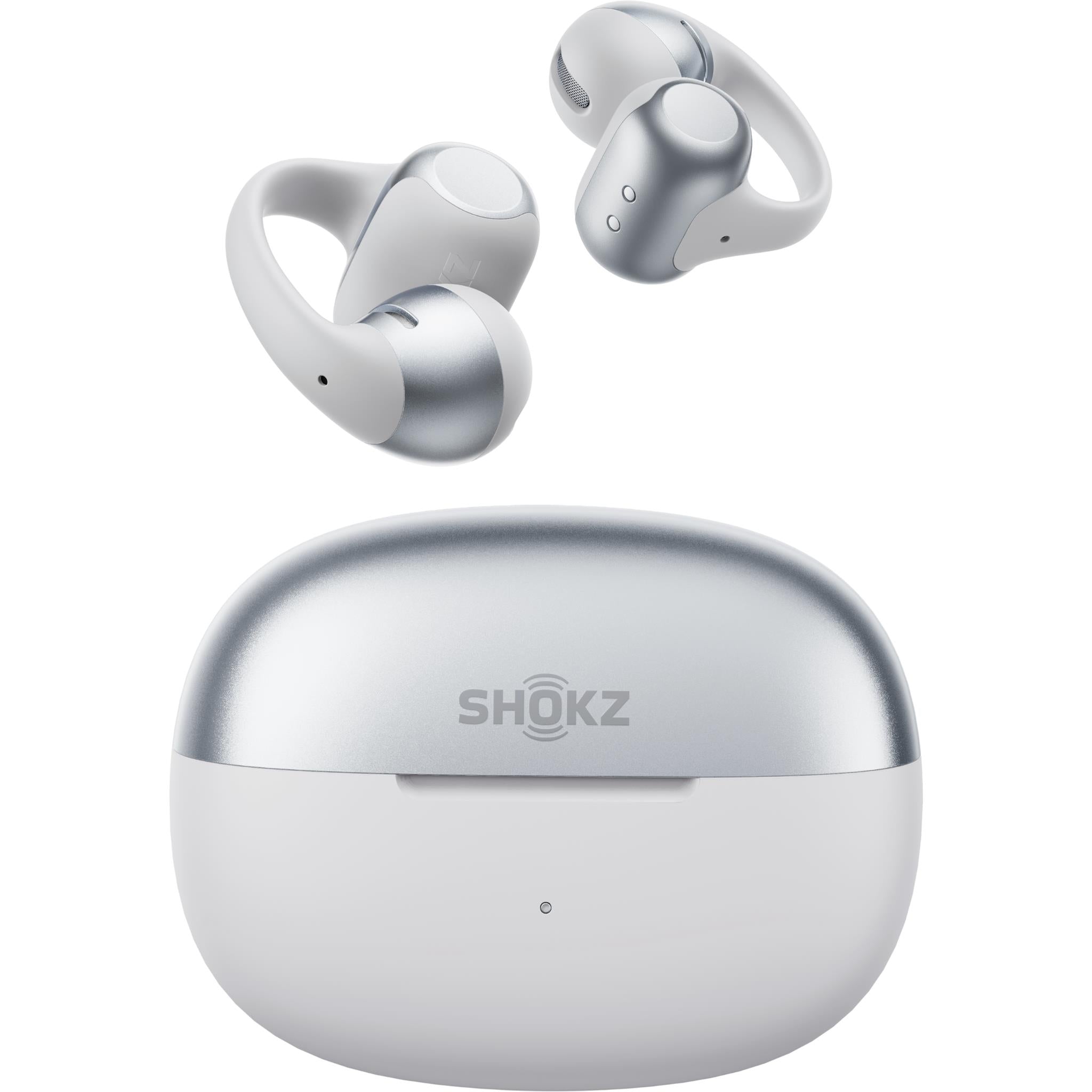 Shokz open-ear wireless earbuds in grey, with charging case (front view).