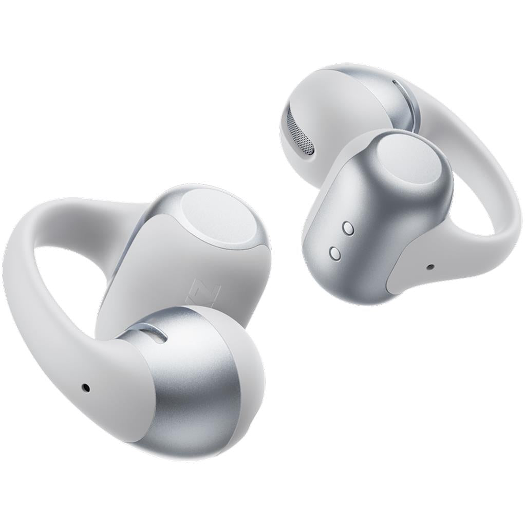 Grey open-ear wireless earbuds, shown at an angled view, no case.