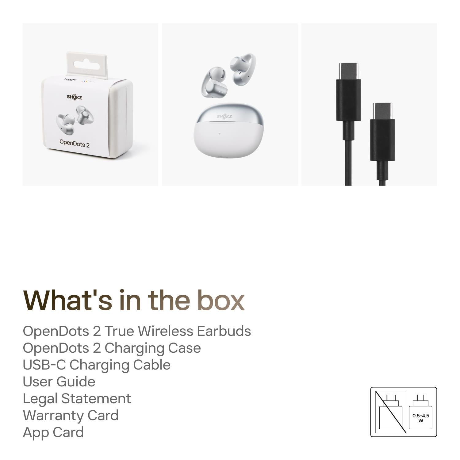 Open-ear wireless earbuds with charging case in retail box, grey