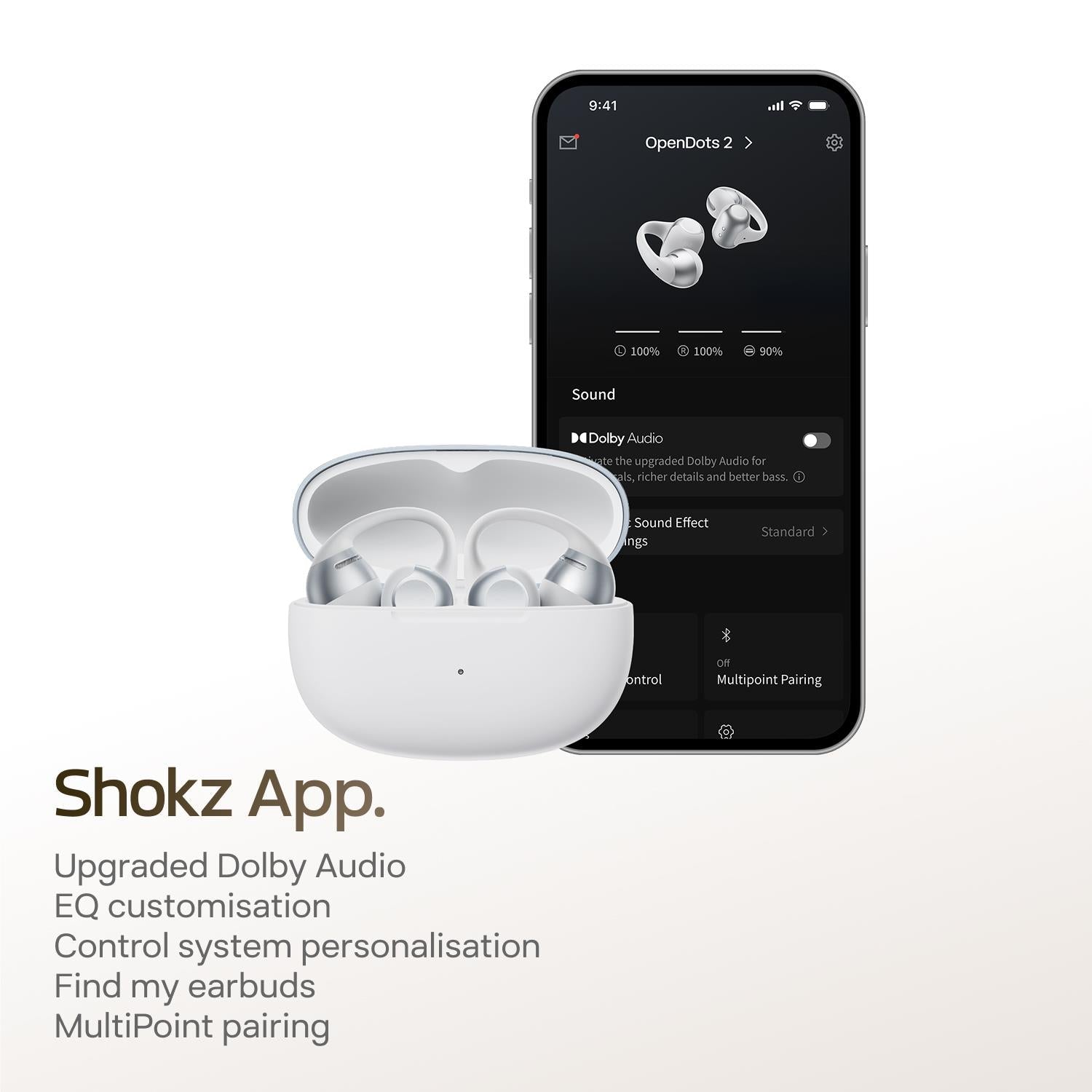 Open-ear wireless earbuds in open charging case, grey