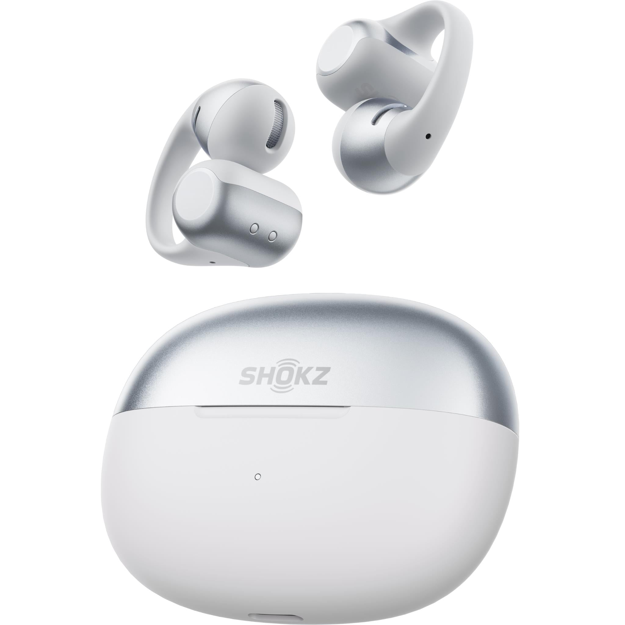 Grey open-ear wireless earbuds with charging case, front view, earbuds above.