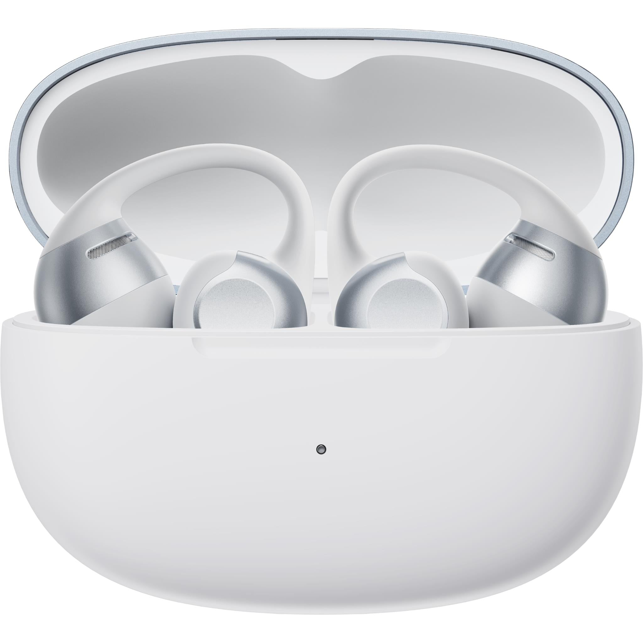 Open charging case with grey open-ear earbuds seated inside.