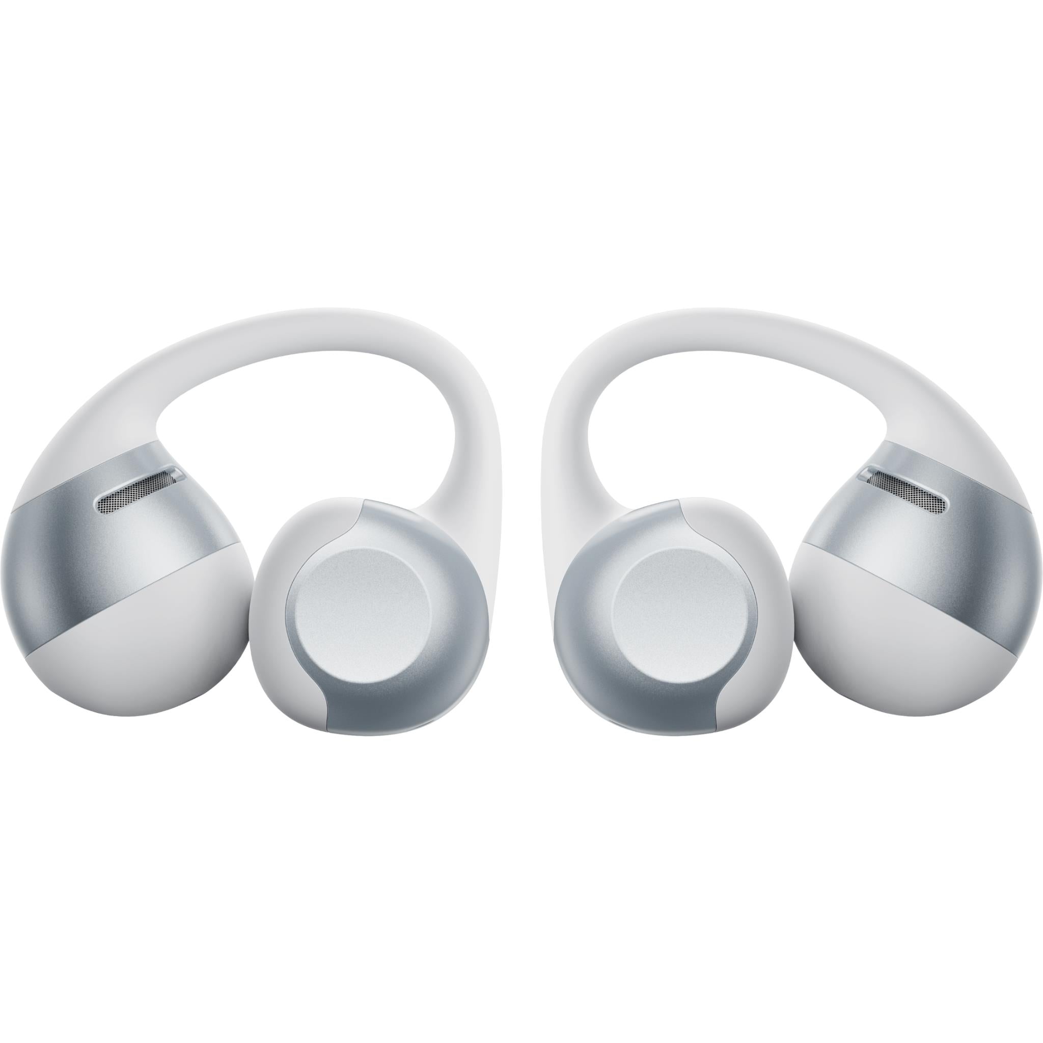 Pair of grey open-ear wireless earbuds, front view.