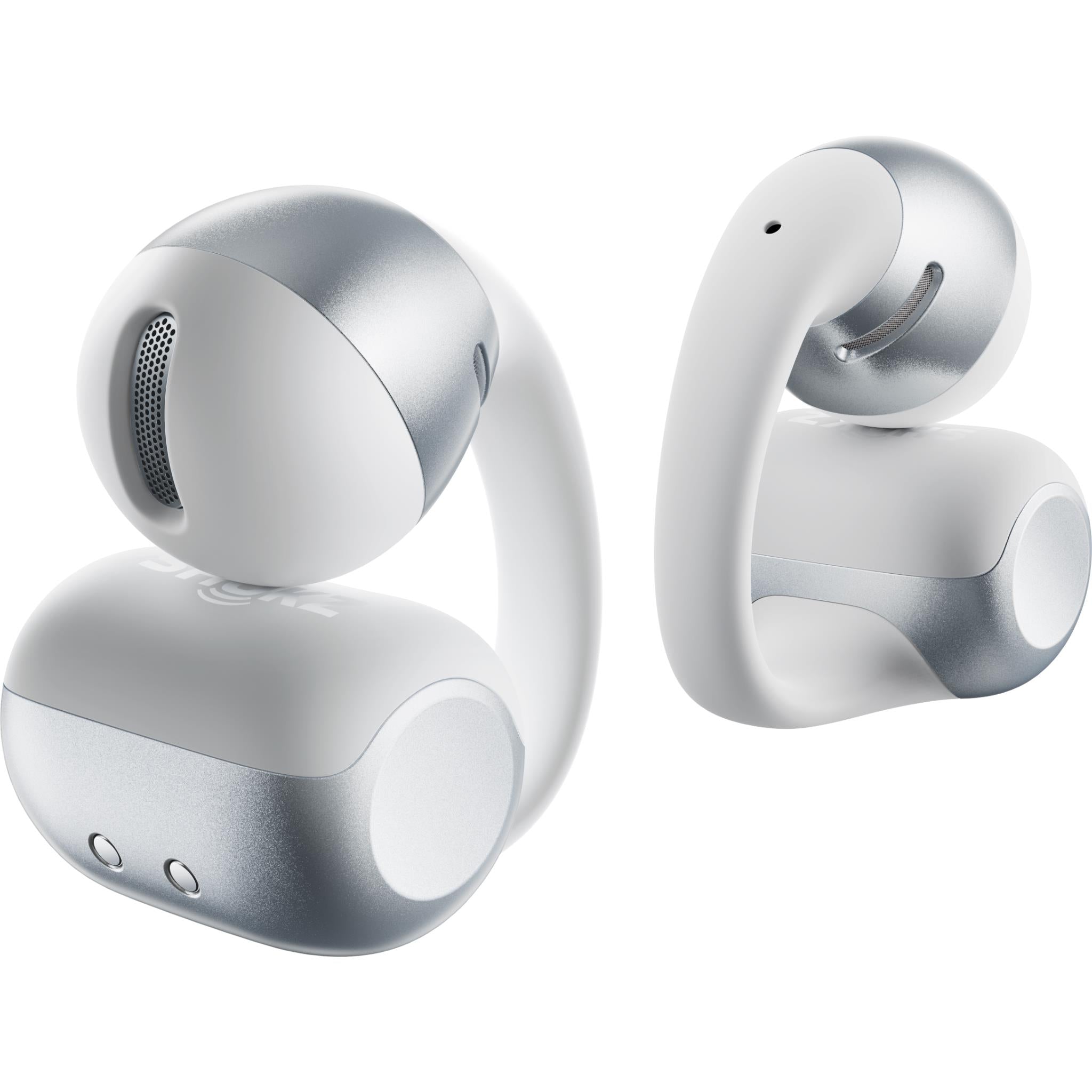 Grey open-ear wireless earbuds, side close-up with visible speaker grille.