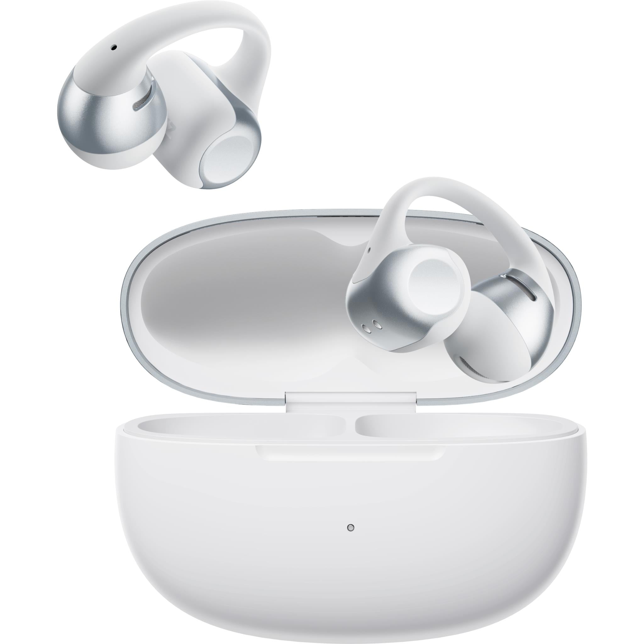 Grey open-ear wireless earbuds with charging case open, one earbud tilted.