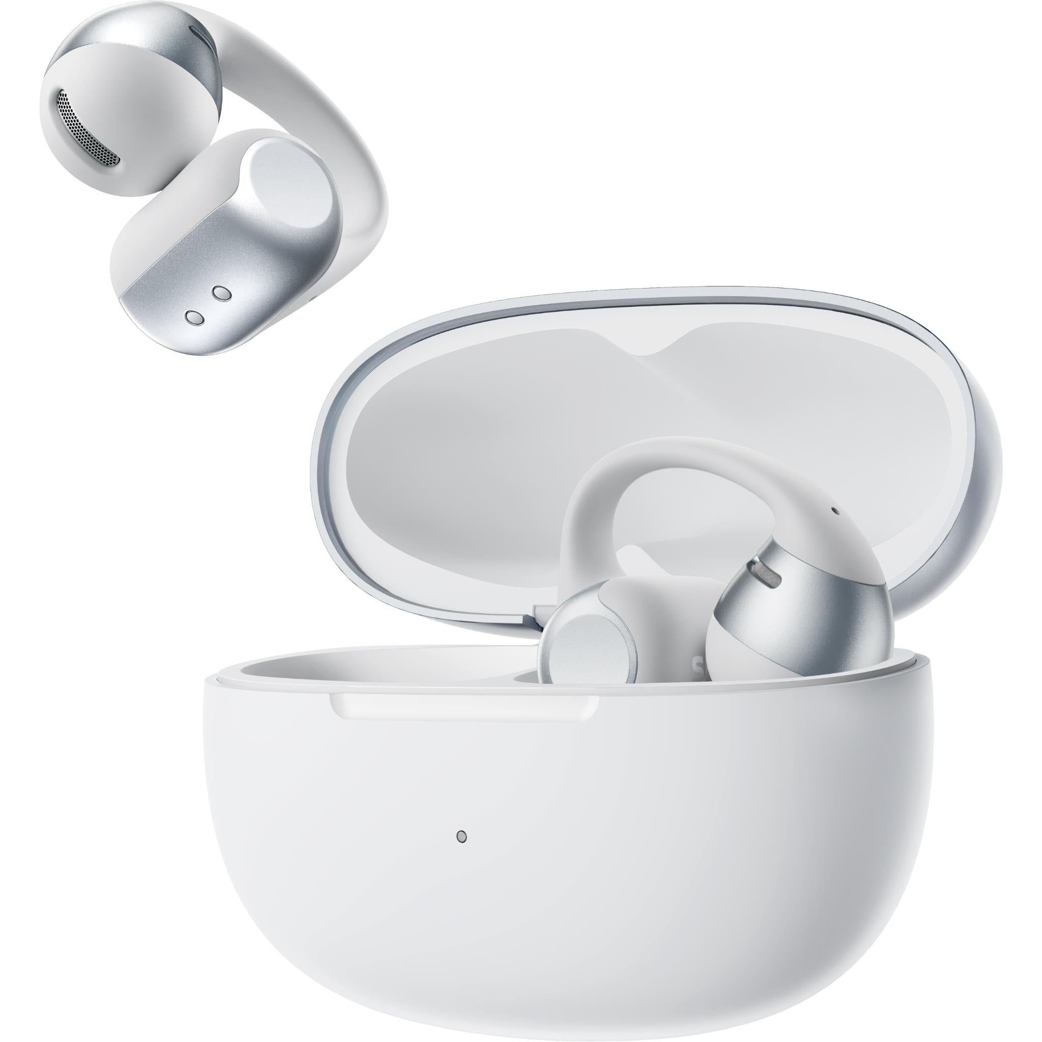 Grey open-ear wireless earbuds with charging case open, side angle view.