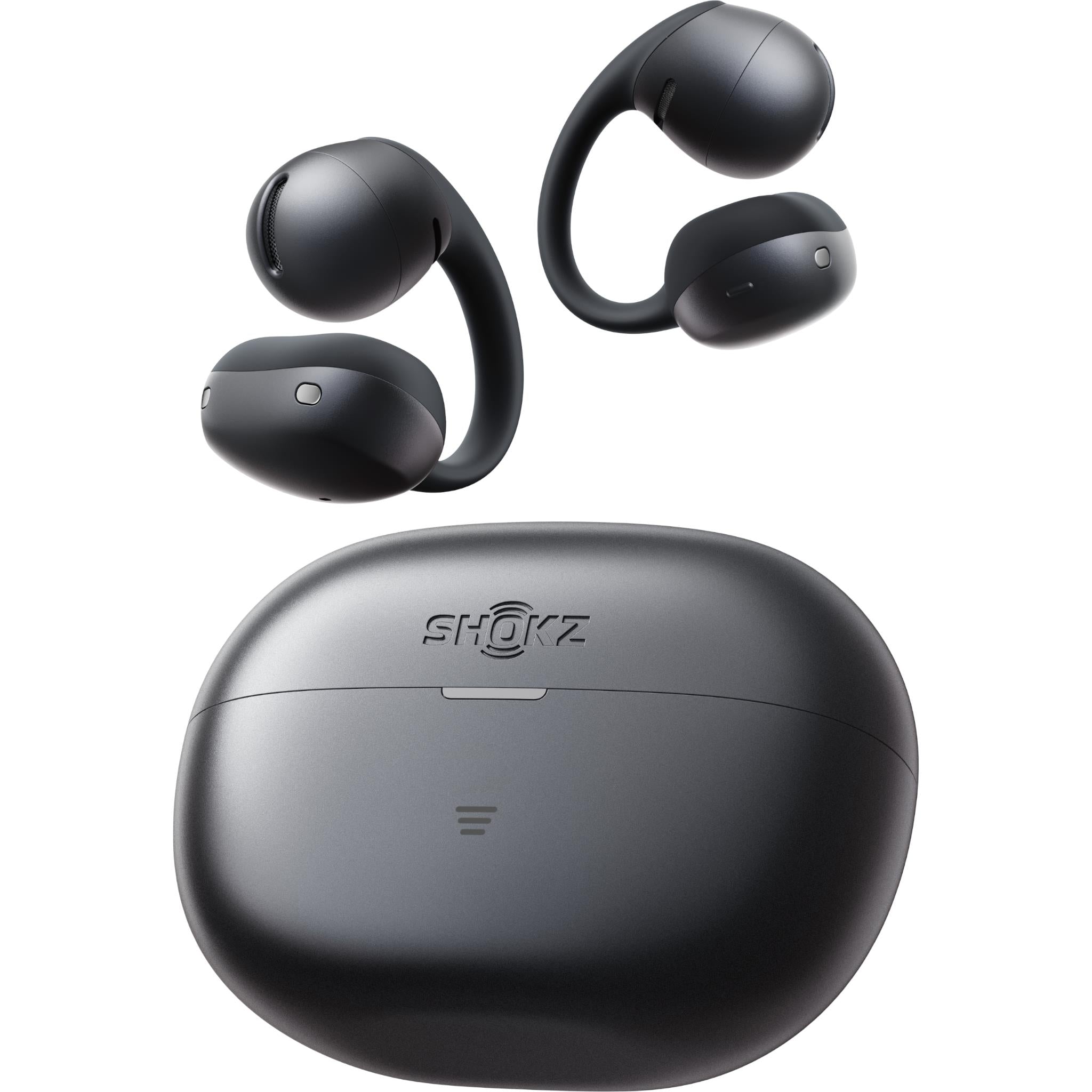 Black open-ear wireless earbuds with charging case, shown with earbuds detached.