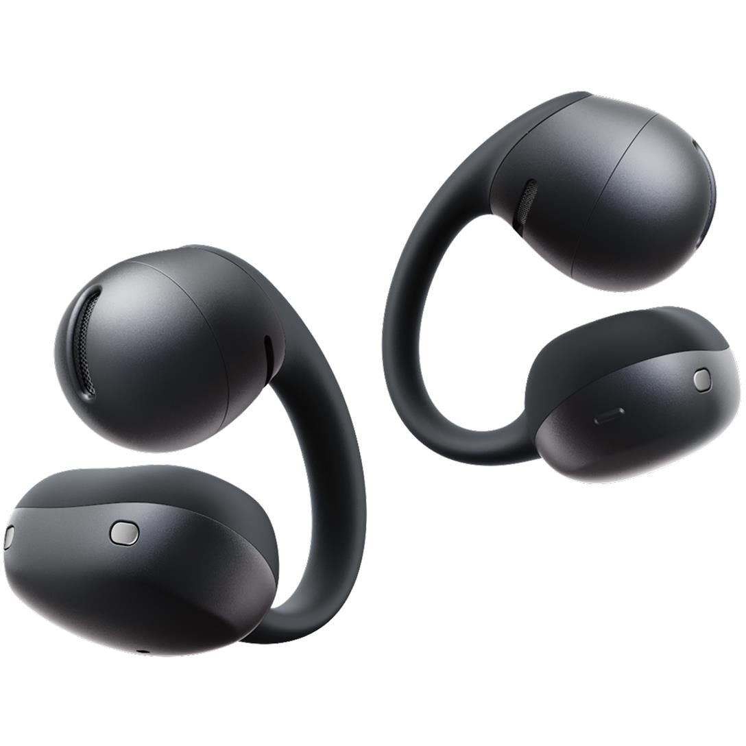 Black open-ear wireless earbuds with curved open design and charging contacts.