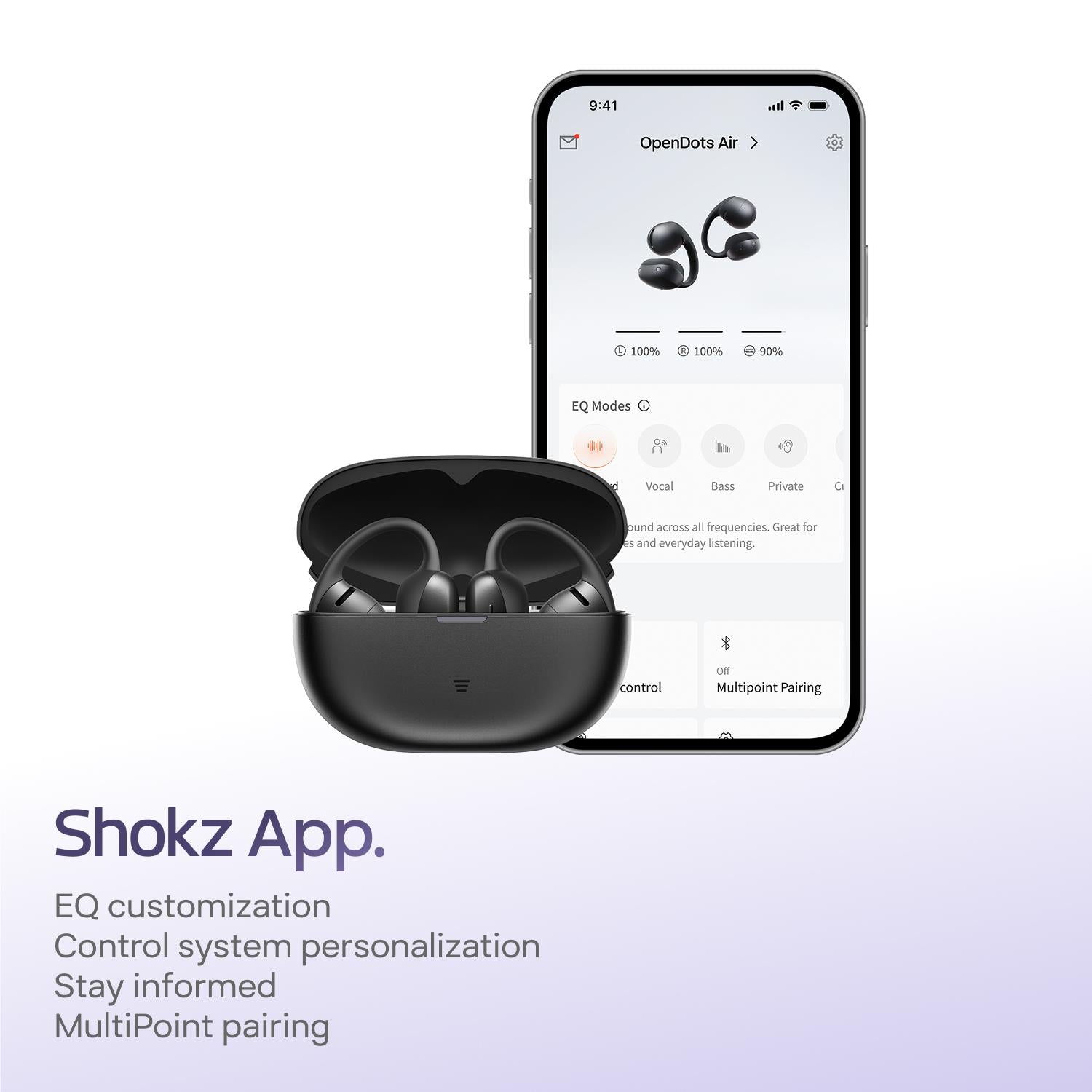 Black open-ear wireless earbuds in open charging case