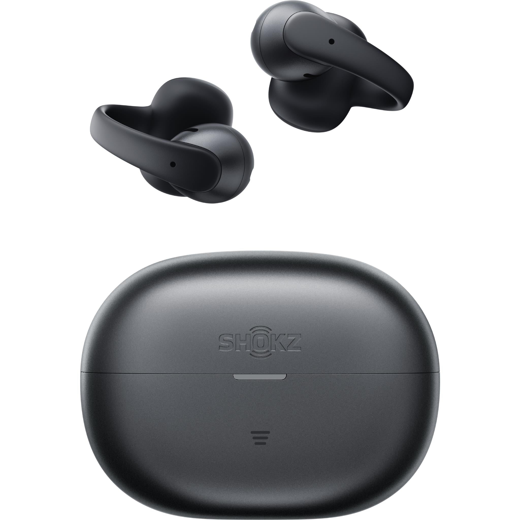 Black open-ear wireless earbuds with charging case, front view with earbuds.