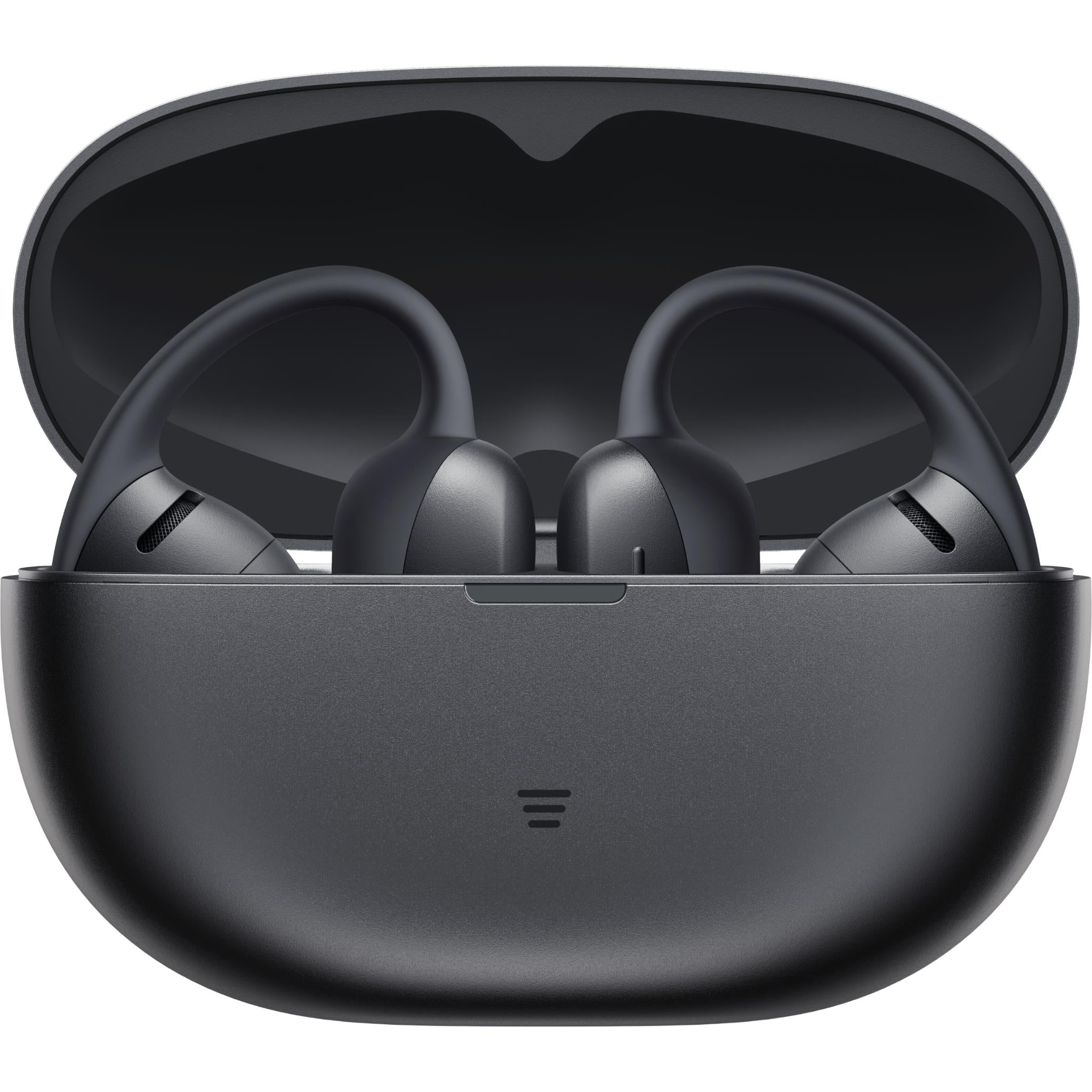 Black charging case open with two black open-ear earbuds inside.