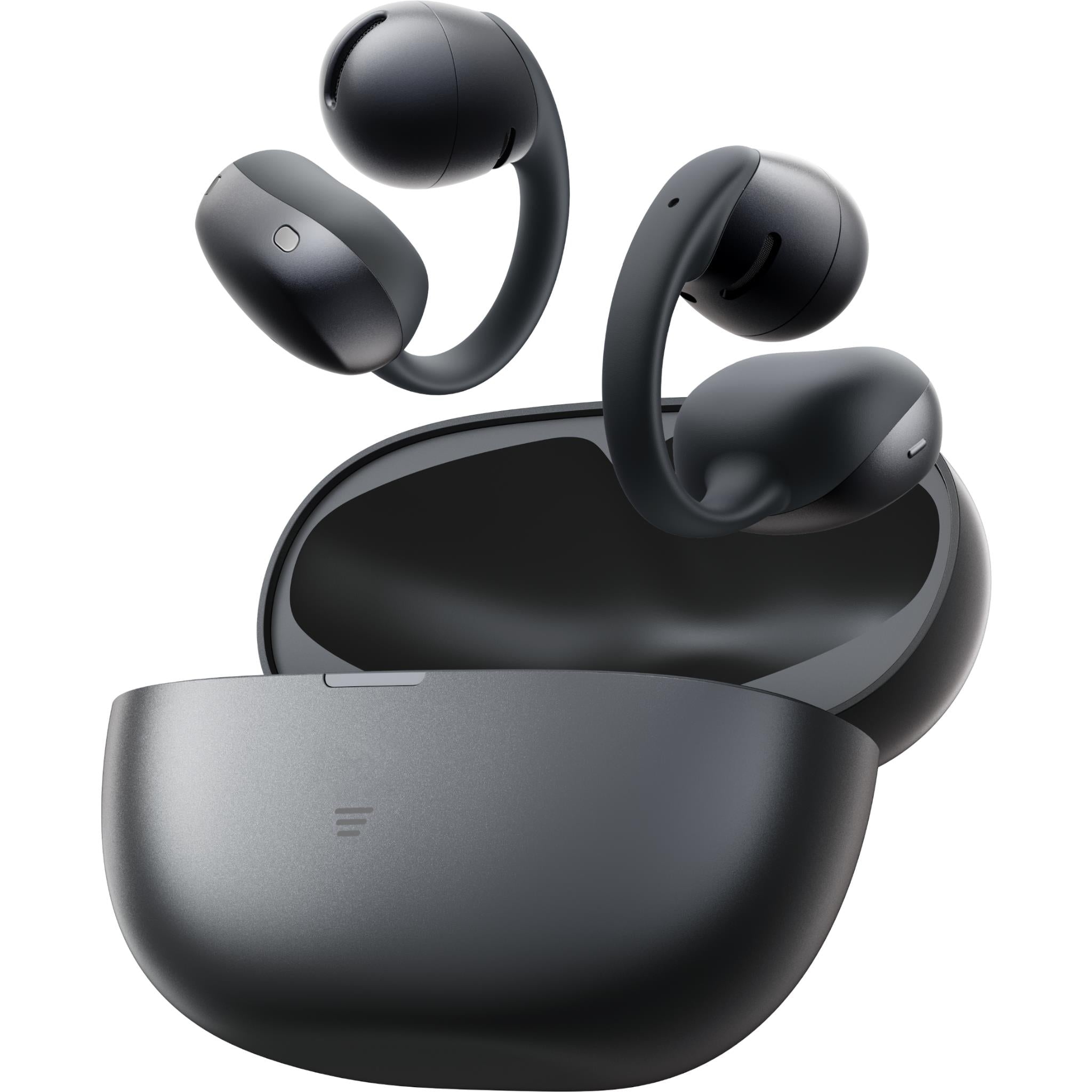 Black open-ear wireless earbuds and charging case, angled view of earbuds.