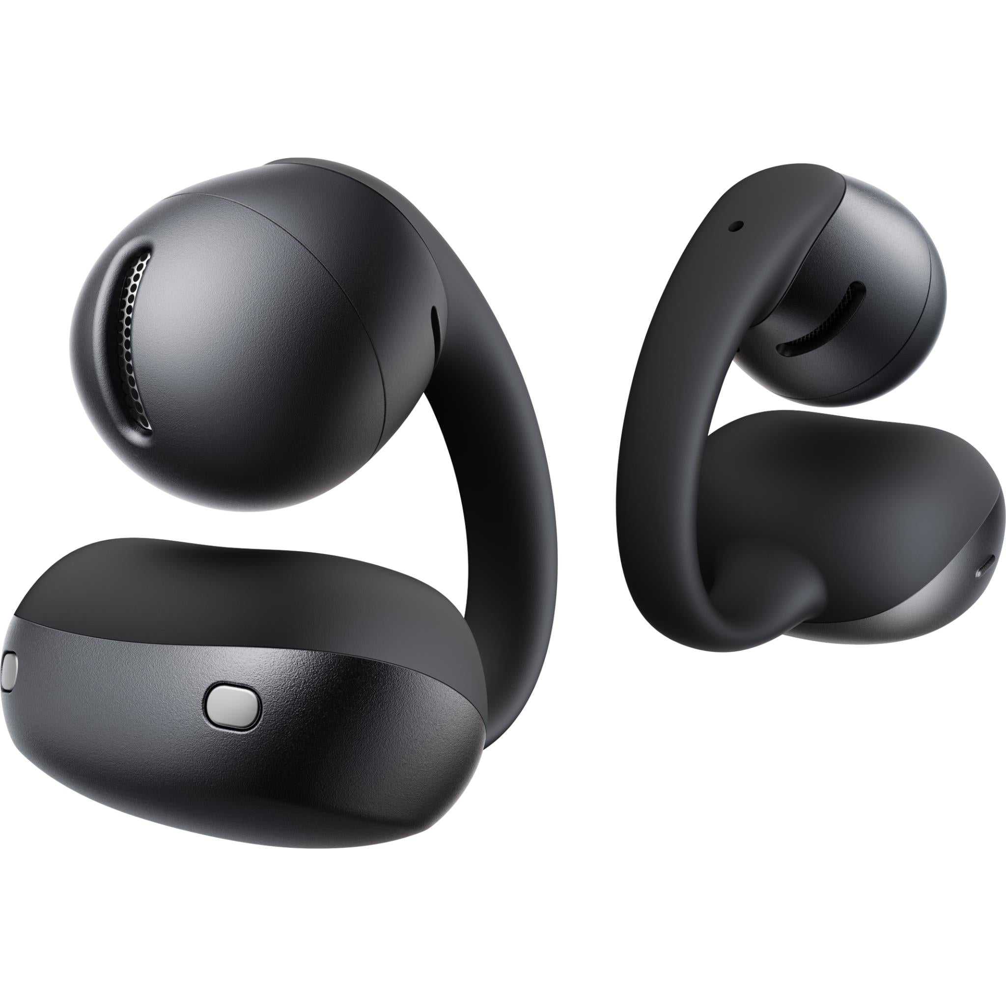 Black open-ear wireless earbuds, showing outer ear hook shape.
